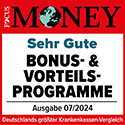 Focus-Money Testsiegel mit der Auszeichnung für gute Bonus- und Vorteilsprogramme.