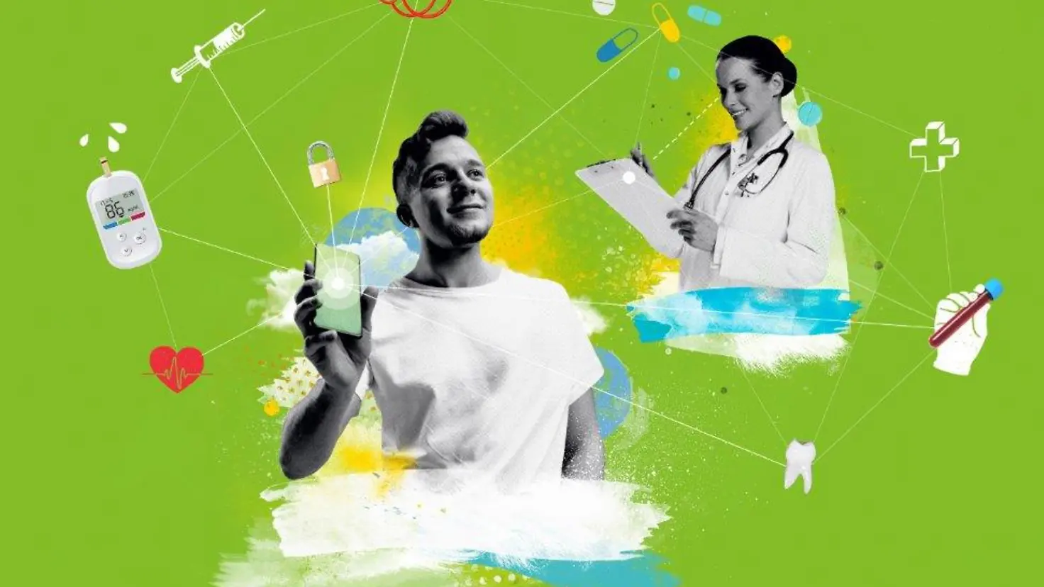 Eine grüne Collage stellt die Funktionen der ePA und zeigt eine Person mit einem Smartphone und eine Ärztin mit Patientenblock.