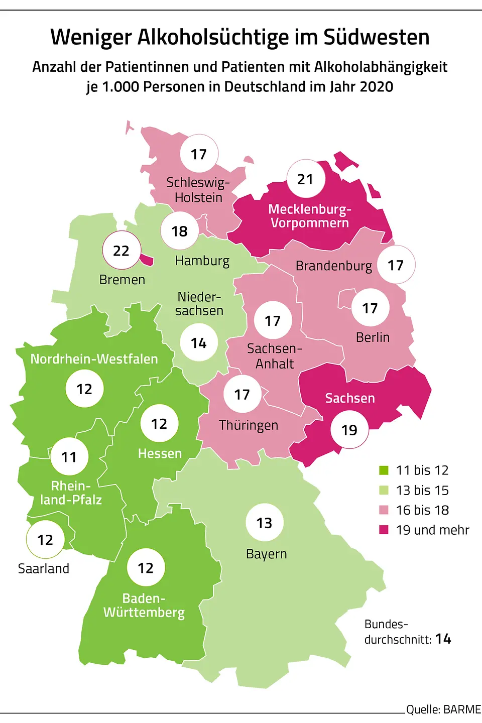 Die Grafik zeigt anhand einer Deutschlandkarte, wie viele Personen alkoholabhängig sind.