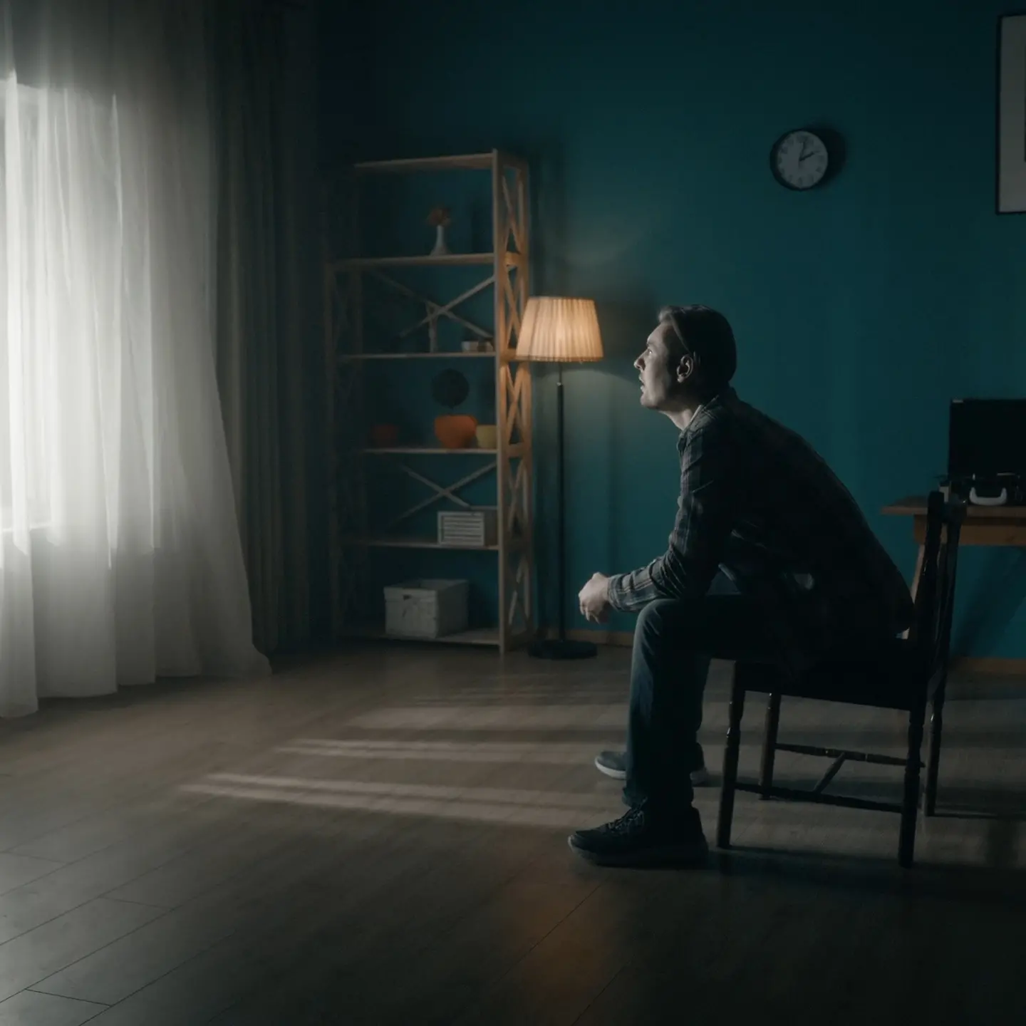 Zu sehen ist ein einsamer Mann, der in einem dunklen Zimmer sitzt und zum gardinenverhangenen Fenster sieht
