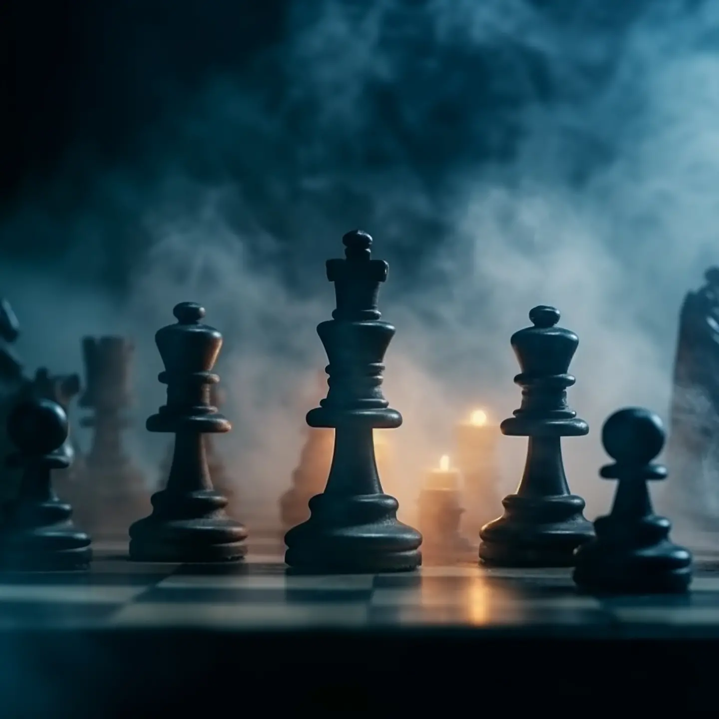 Zu sehen auf diesem AI komponierten Bild sind riesengroße Schachfiguren, der König in der Mitte. Qualm wabert im Hintergrund vor Kerzen.