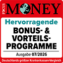 Focus-Money Testsiegel mit der Auszeichnung für Bonus- und Vorteilsprogramme.
