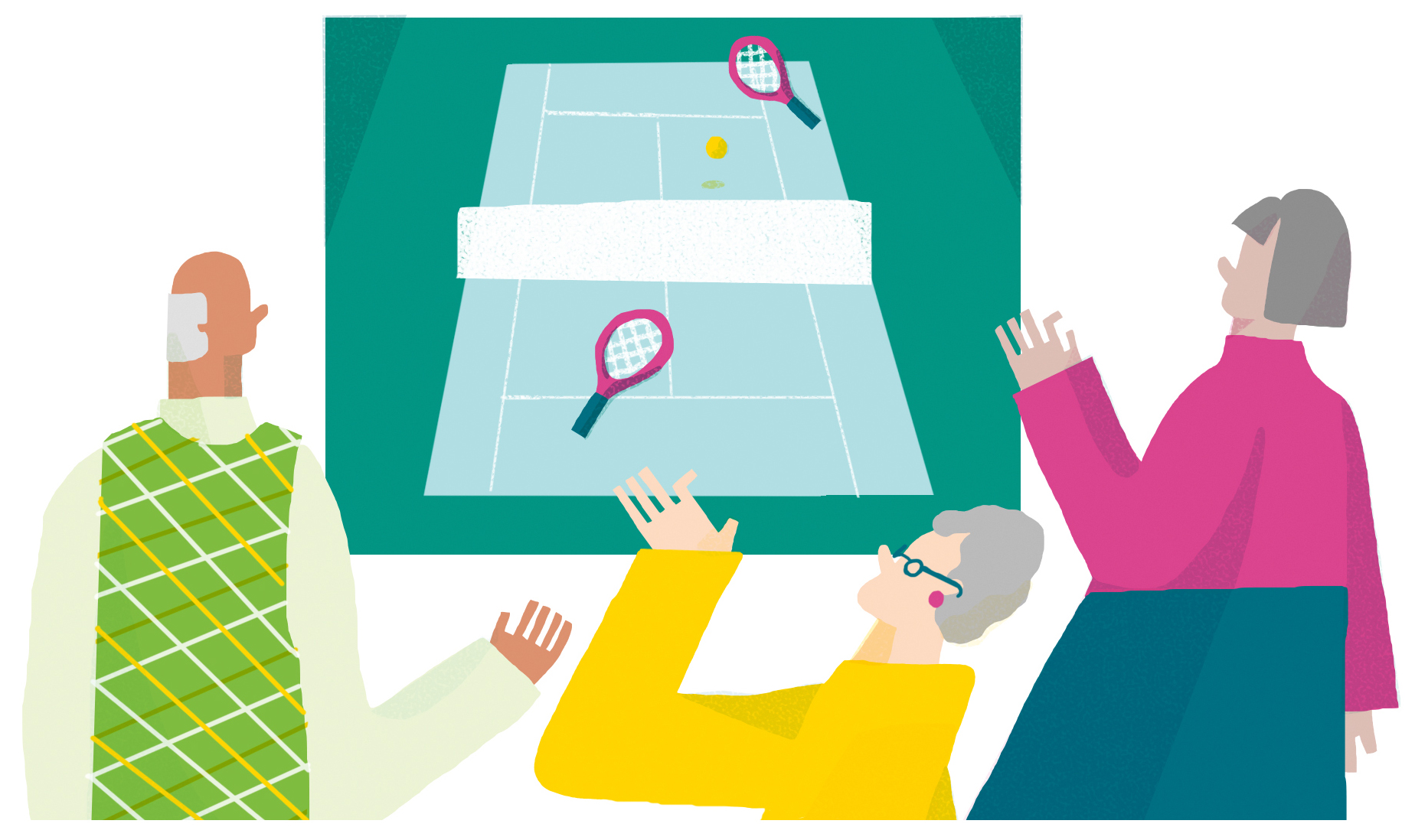 Illustration: Drei Senioren stehen vor einem großen Bildschirm und spielen virtuell Tischtennis.