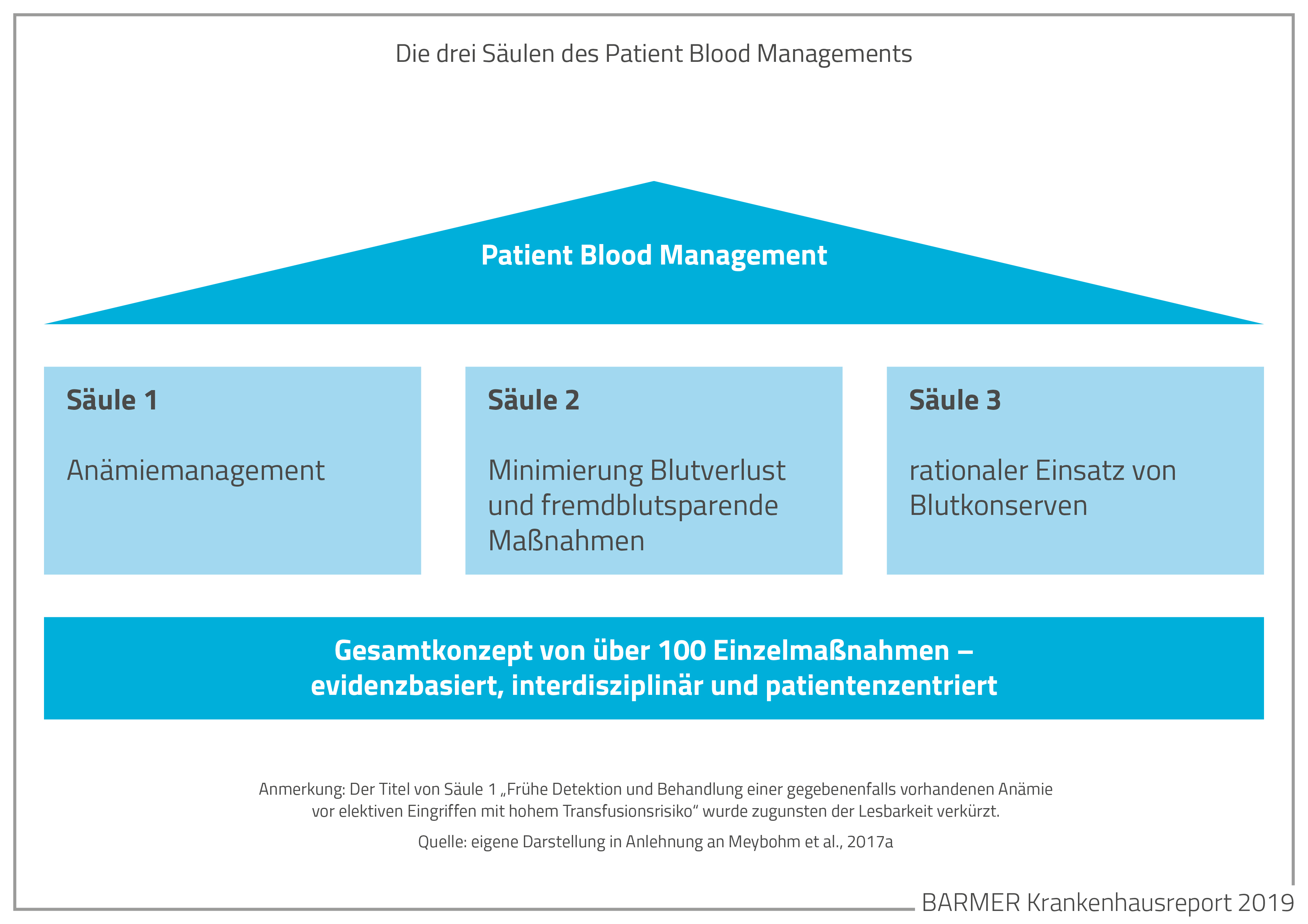 Säulen des Patient Blood Managements: 1. Anämiemanagement 2. Minimierung von Blutverlust 3. Blutkonserven rational einsetzen