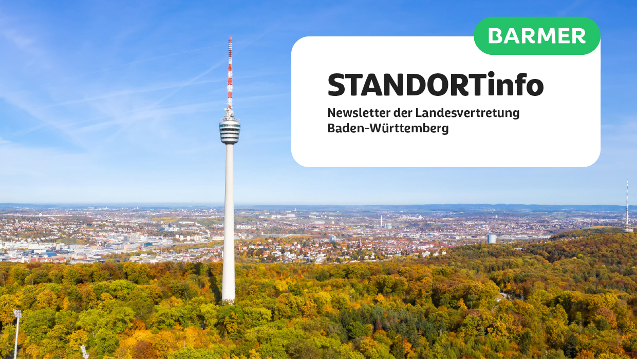 Das Titelbild der Barmer-Standortinfo zeigt den Stuttgarter Fernsehturm, mit Stuttgart im Hintergrund