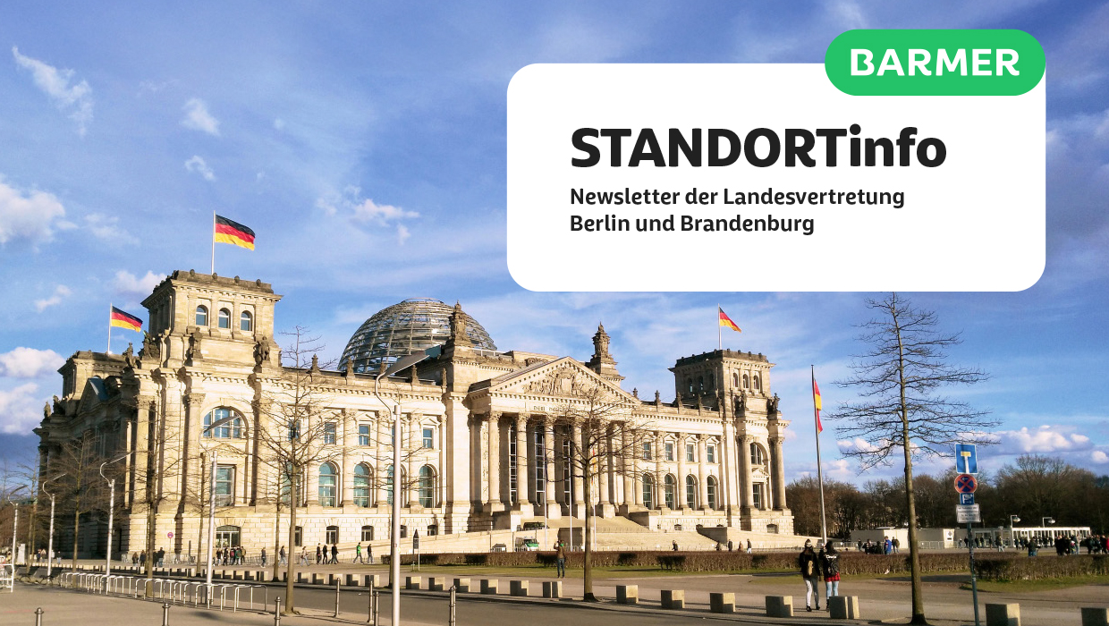 Das Titelbild der Barmer-Standortinfo zeigt den Berliner Fernsehturm im Sonnenaufgang