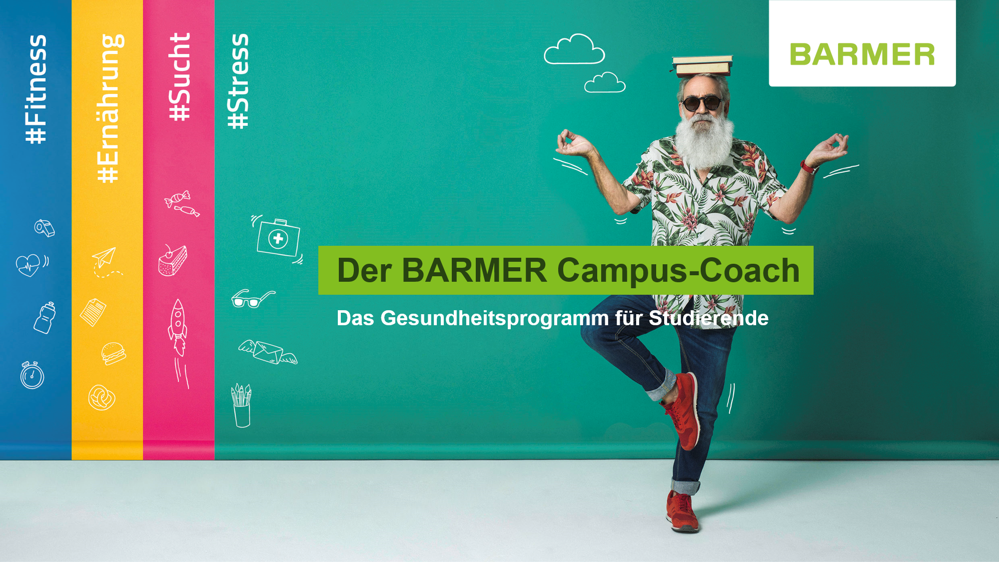 Illustration mit dem Barmer Campus-Coach "Eddi". "Eddi“ trägt Rauschebart und Sneaker.