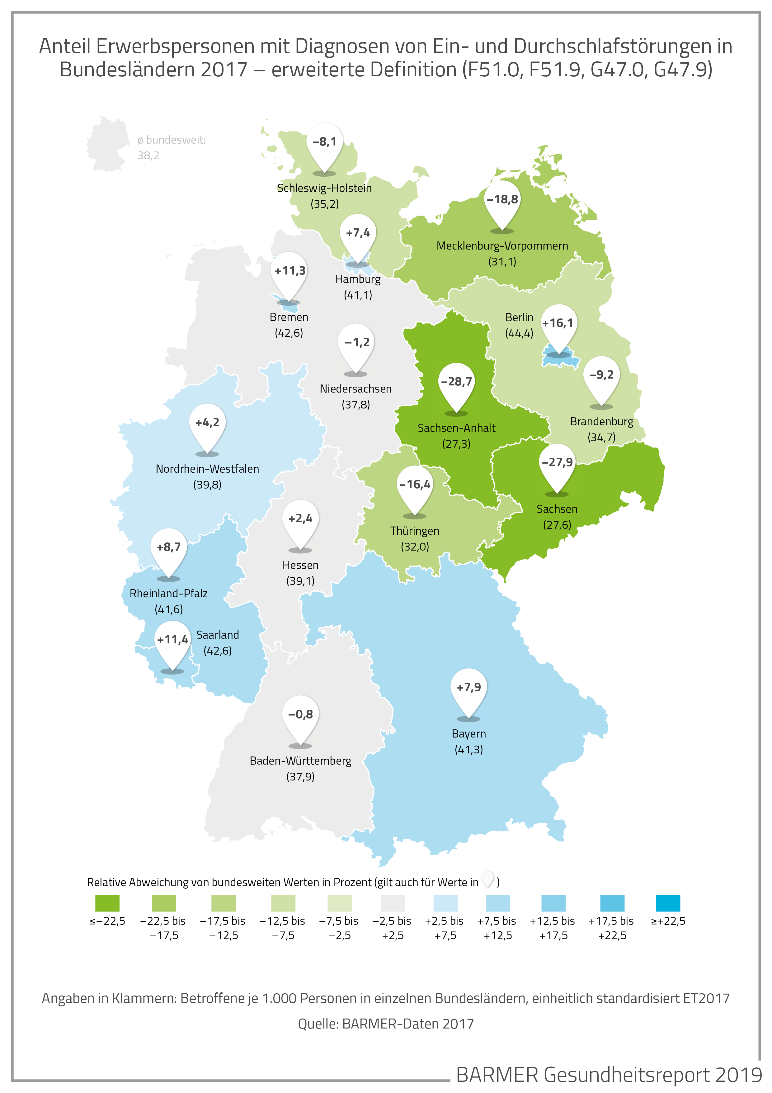 landkartenartige Darstellung des Anteils von Erwerbspersonen mit Diagnose von Ein-und Durchschlafstörungen in Bundesländern 2017
