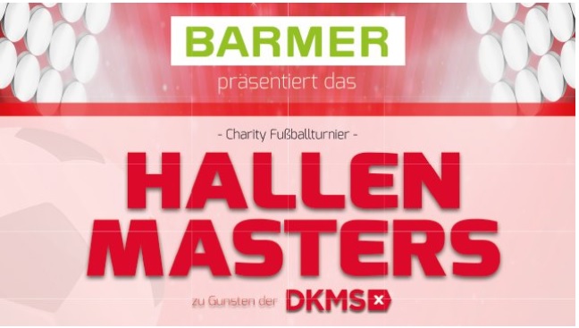 Ein roter Banner der DKMS, der Deutsche Knochenmarkspenderdatei.