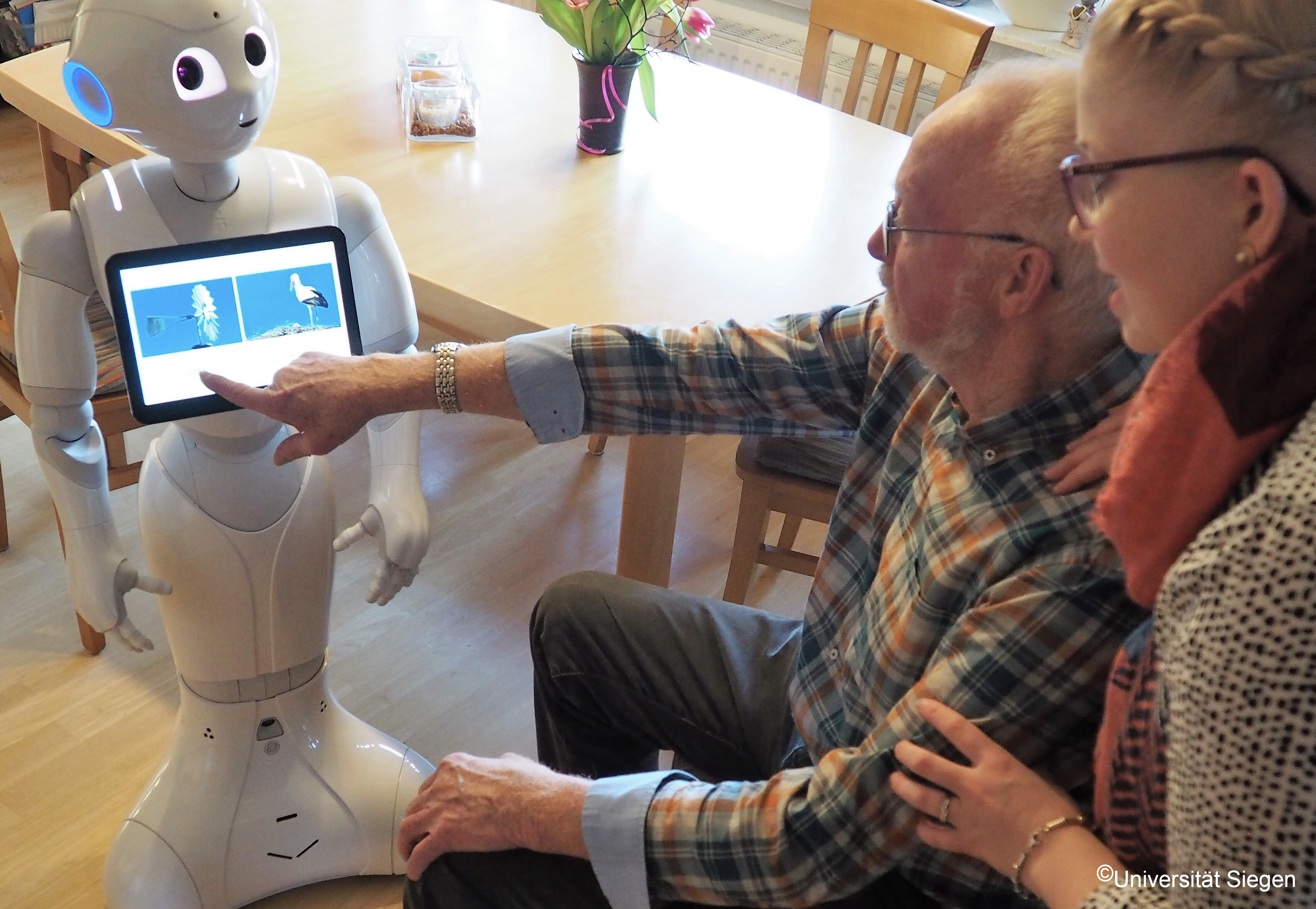 Der humanoide Roboter Pepper unterhält einen Pflegebedürftigen mit einem Quiz.