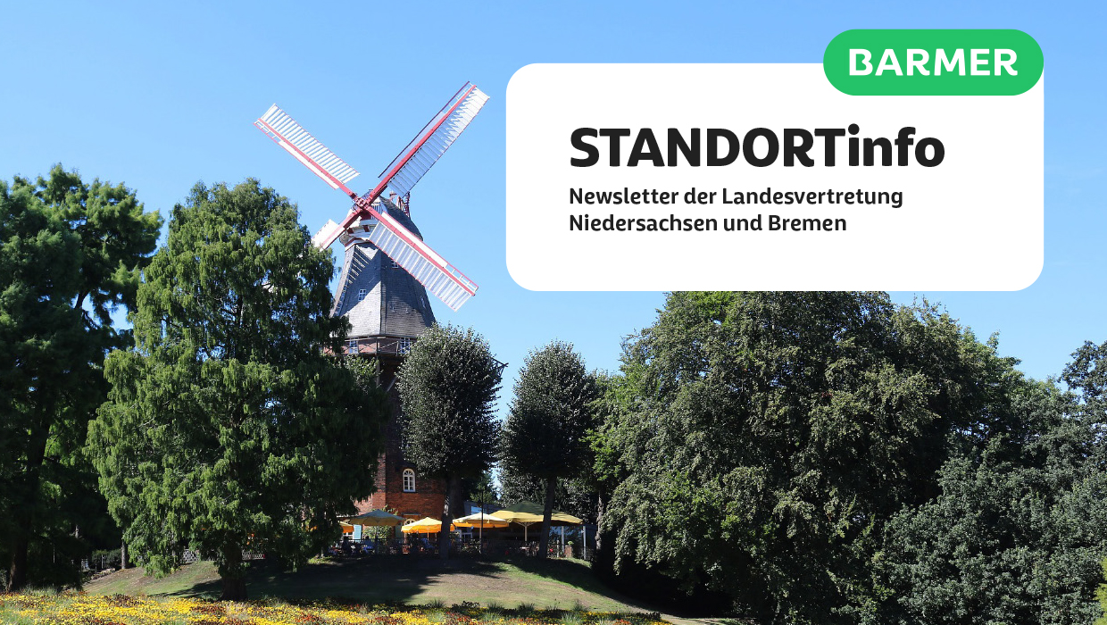 Titelbild STANDORTinfo Niedersachsen-Bremen mit Blick auf eine Landschaft mit der Windmühle "Mühle Am Wall" in Bremen.