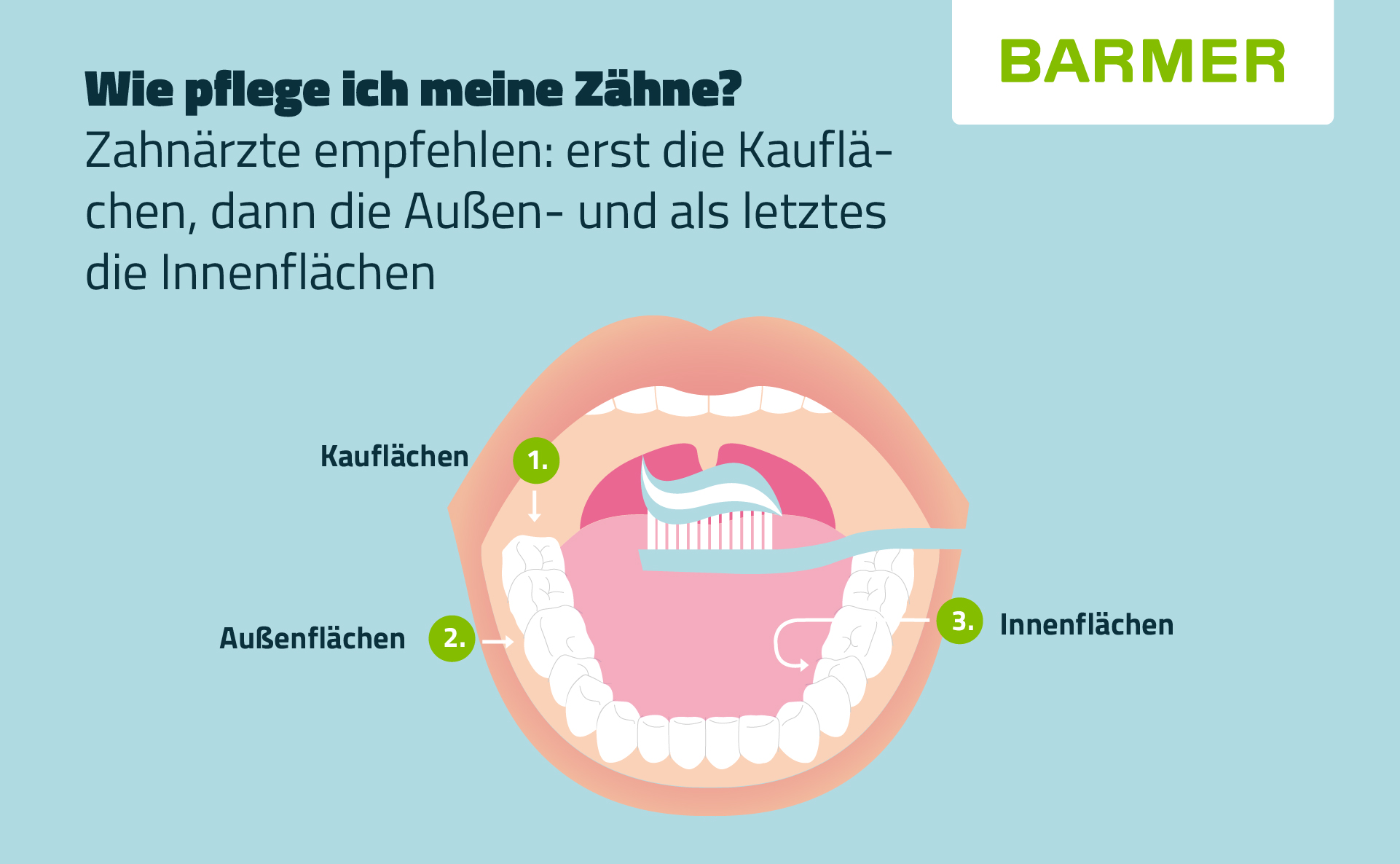 Illustration mit Anleitung zum Zähneputzen als Pflegemaßnahme