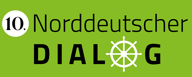 Text-Logo des 10. Norddeutschen Dialogs, der Buchstabe O ist als weißes Steuerrad dargestellt