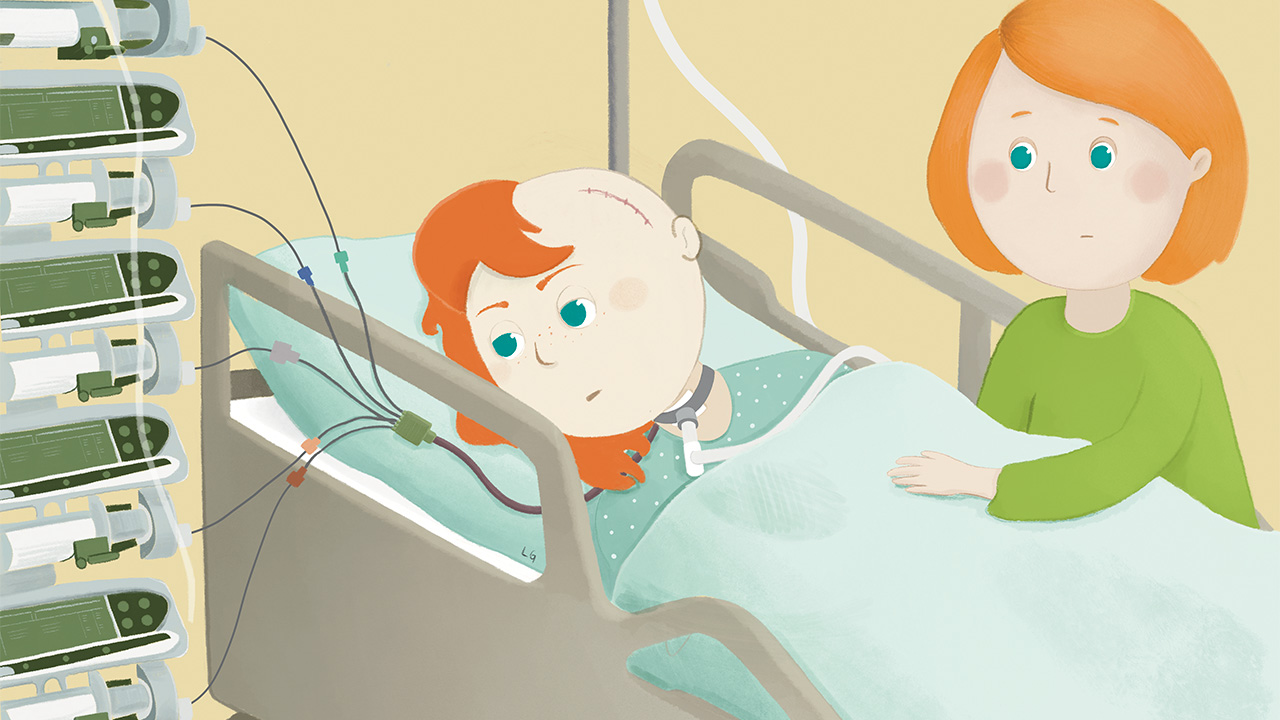 Grafik eines kleinen Mädchens, das in einem Intenstivstationsbett im Krankenhaus liegt, an dessen Rand die Mutter sitzt