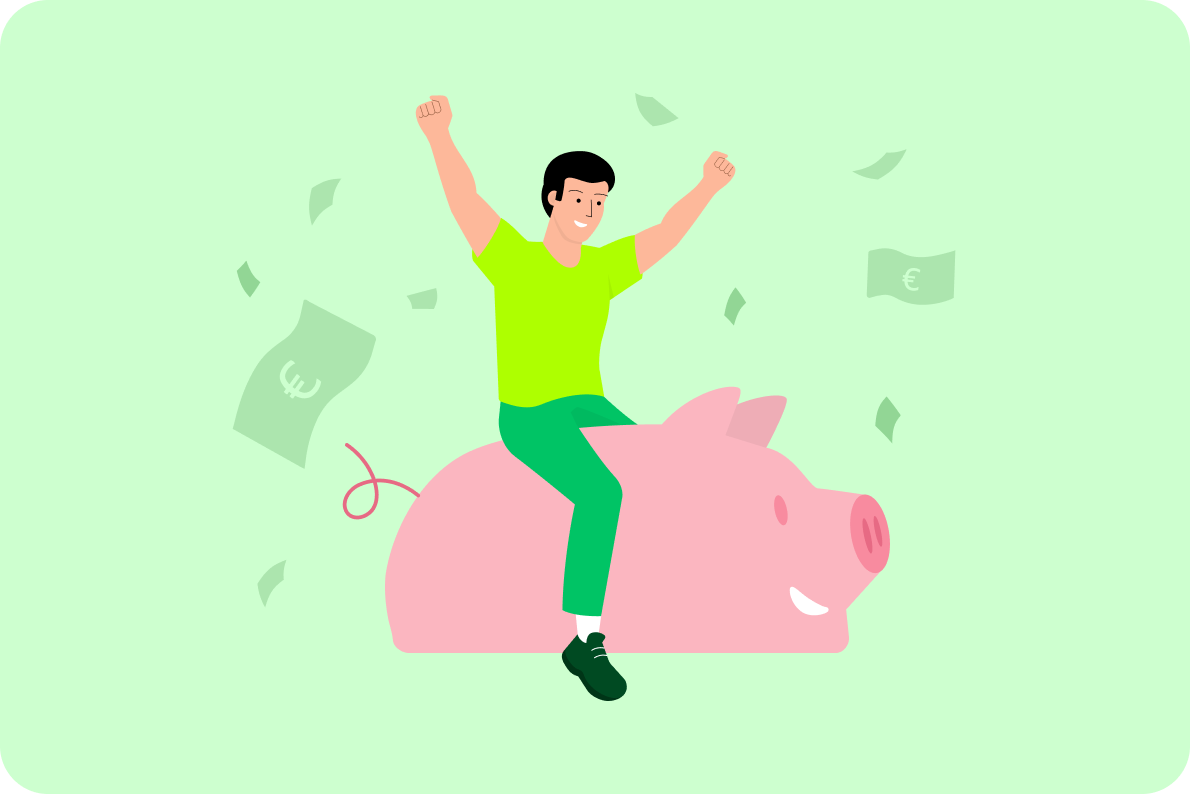 Illustration - ein Mann auf einem Sparschwein
