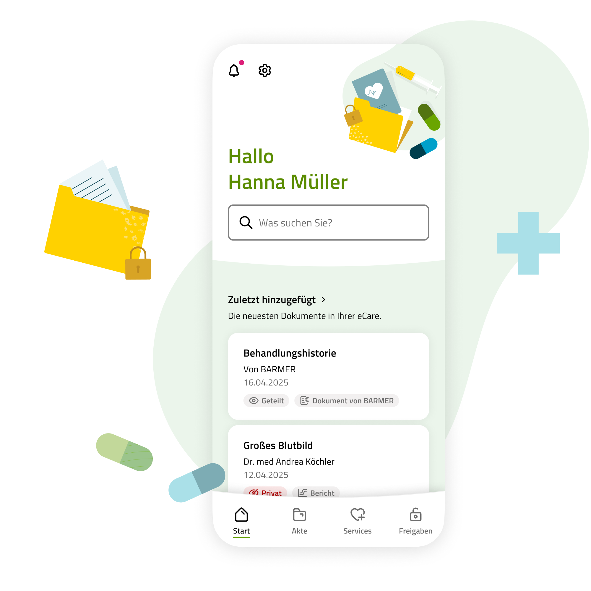 Die Grafik zeigt einen Ausschnitt aus der eCare-App zum Thema Akte