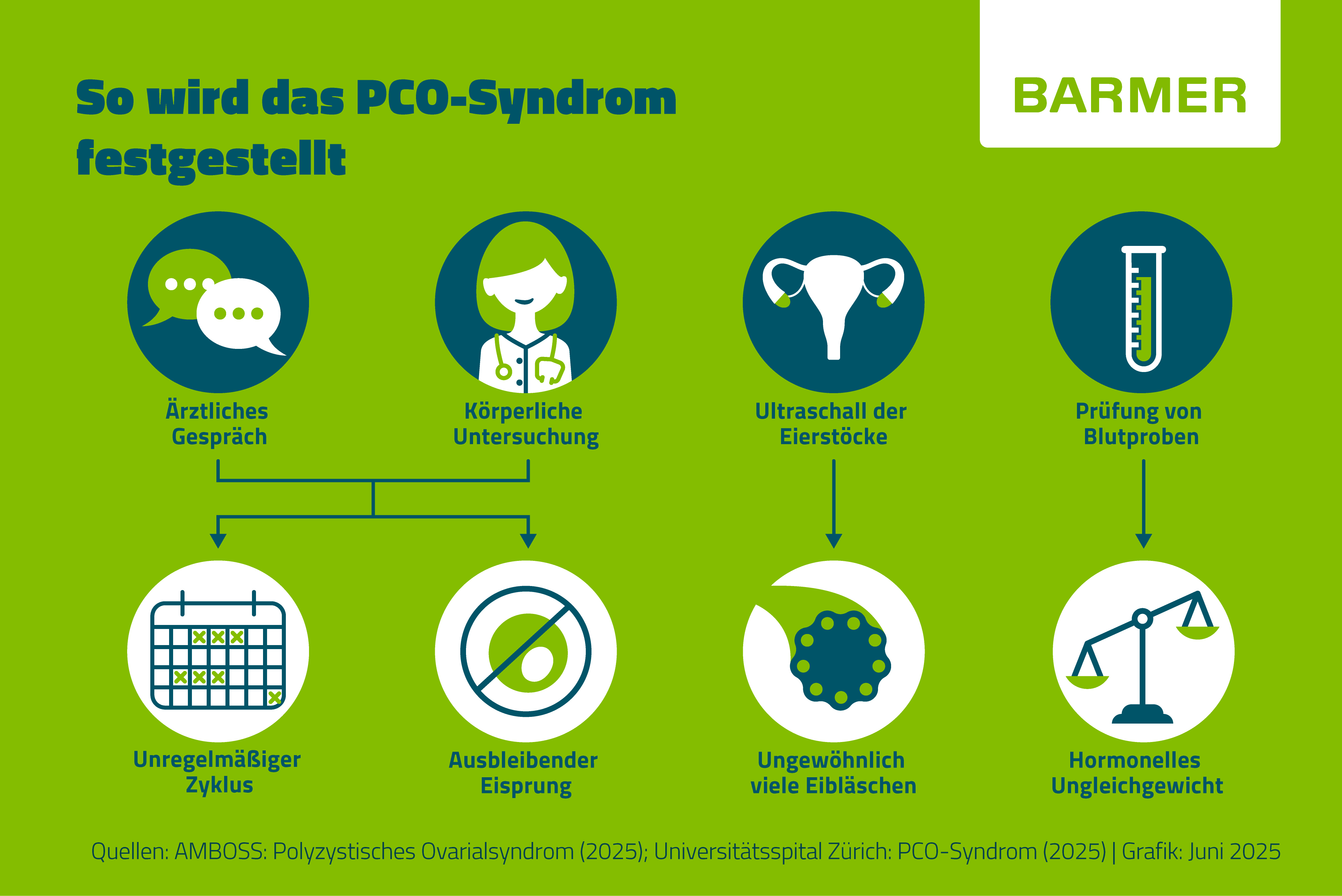 Infografik zu PMOS (früher PCOS): Zur PMOS-Diagnostik gehören ein ärztliches Gespräch, eine körperliche Untersuchung sowie Ultraschall- und Laboruntersuchungen