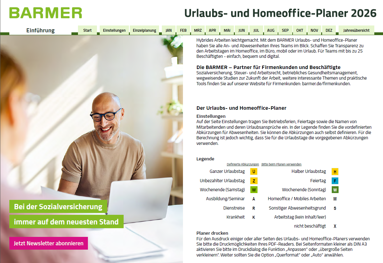Screenshot des BARMER Urlaubs- und Homeoffice-Planer mit Benutzerhinweisen, Monaten, Feiertagen und Feldern für Mitarbeiterdaten
