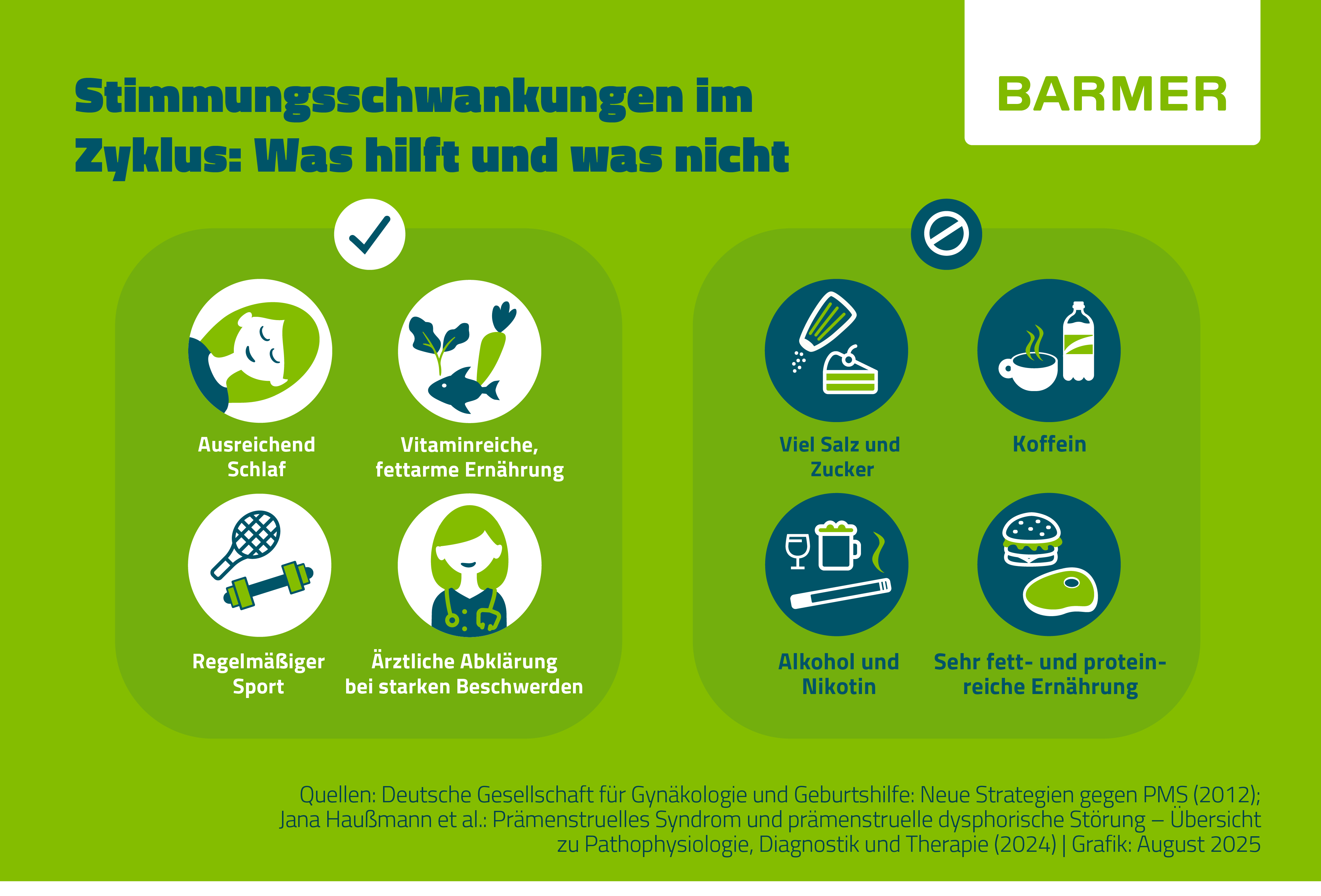 Schlaf, Bewegung sowie eine vitaminreiche und fettarme Ernährung können gegen Stimmungsschwankungen im Zyklus helfen.