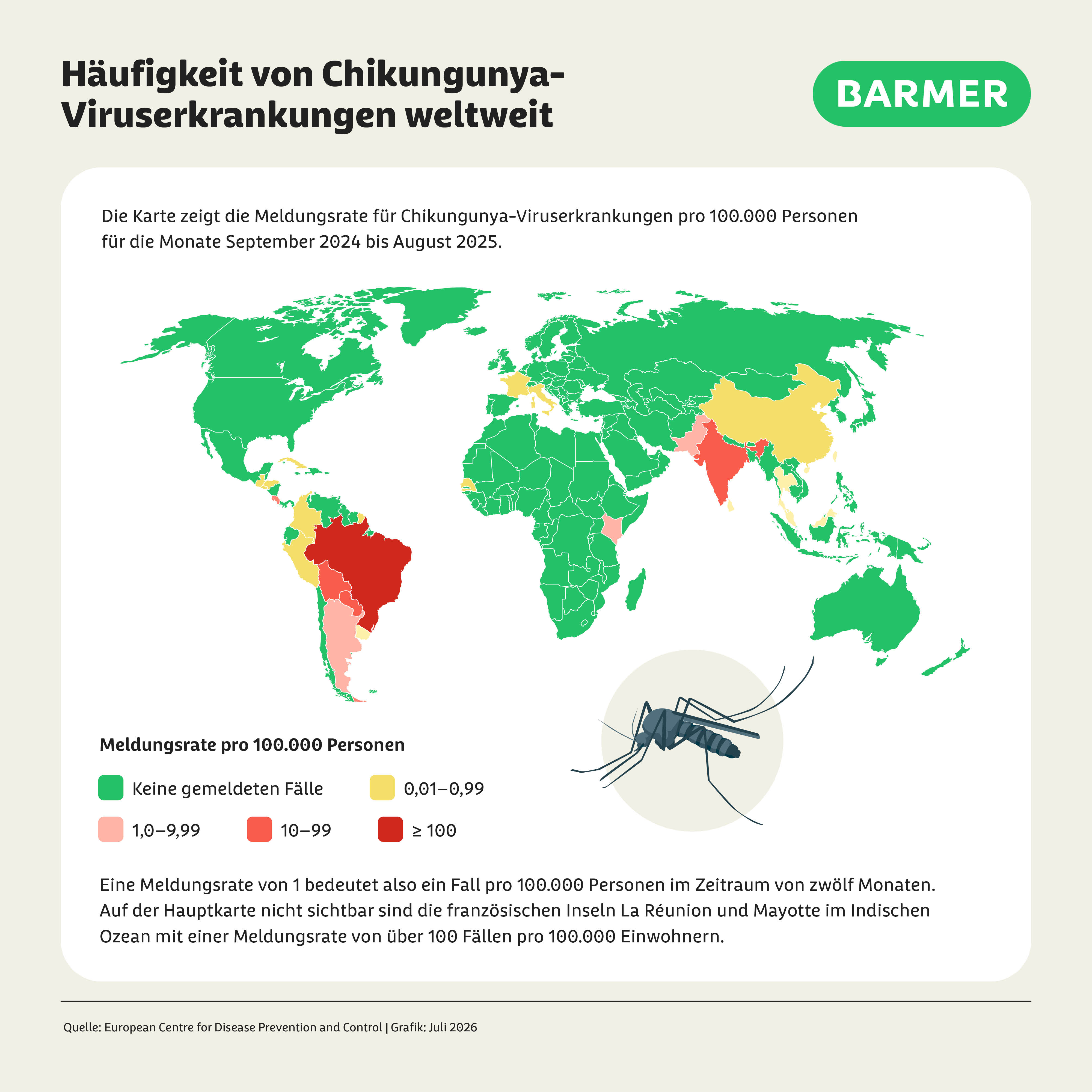Infografik zum Chikungunya-Fieber: Weltkarte mit den Endemiegebieten des Chikungunya-Fiebers