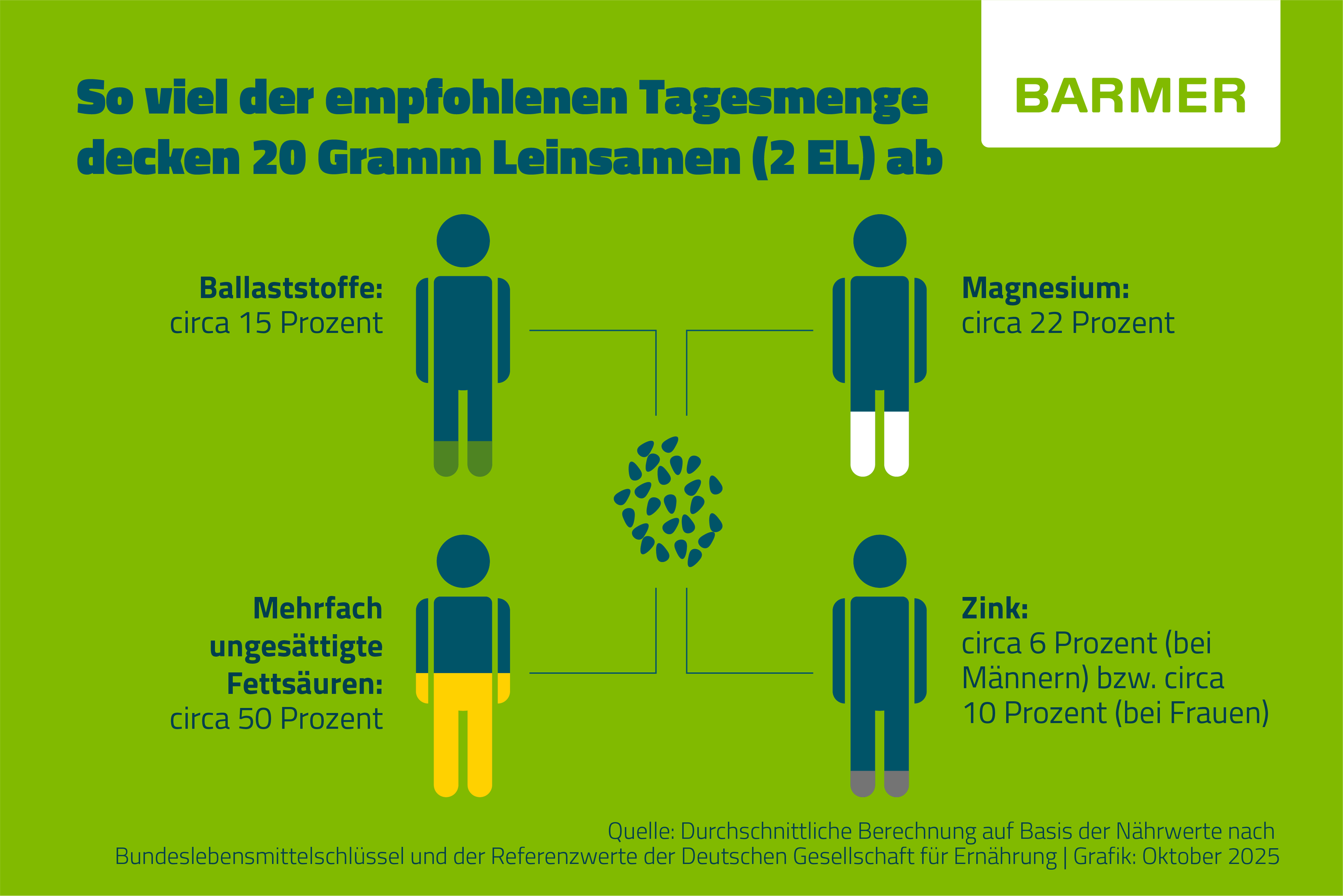 Leinsamen haben gesunde Inhaltsstoffe wie Magnesium, Zink sowie ungesättigte Fettsäuren. Schon geringe Mengen der Samen tragen zur Nährstoffversorgung bei.