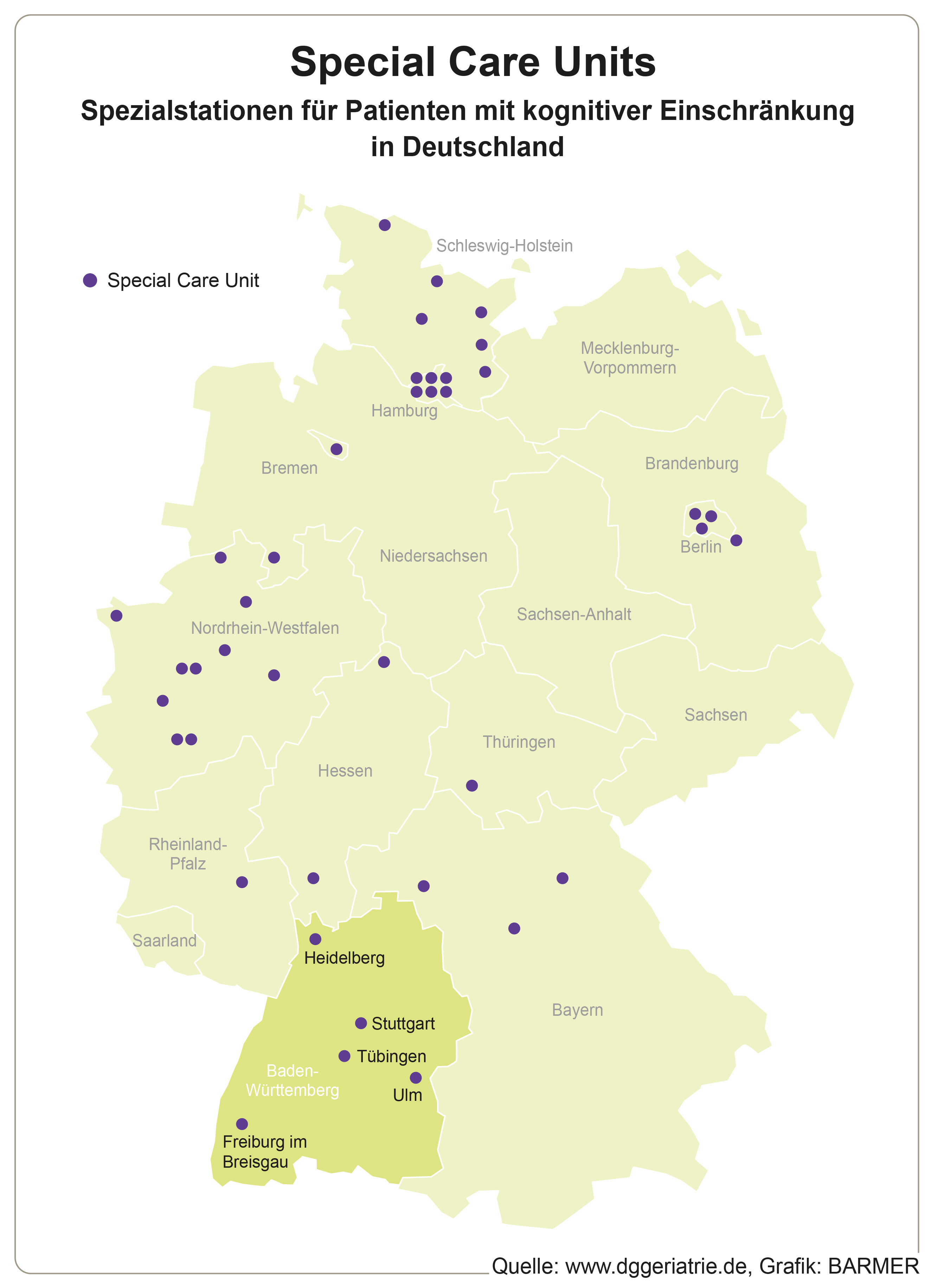 Auf einer Landkarte sind Punkte eingezeichnet, an denen sich Special Care Units befinden.