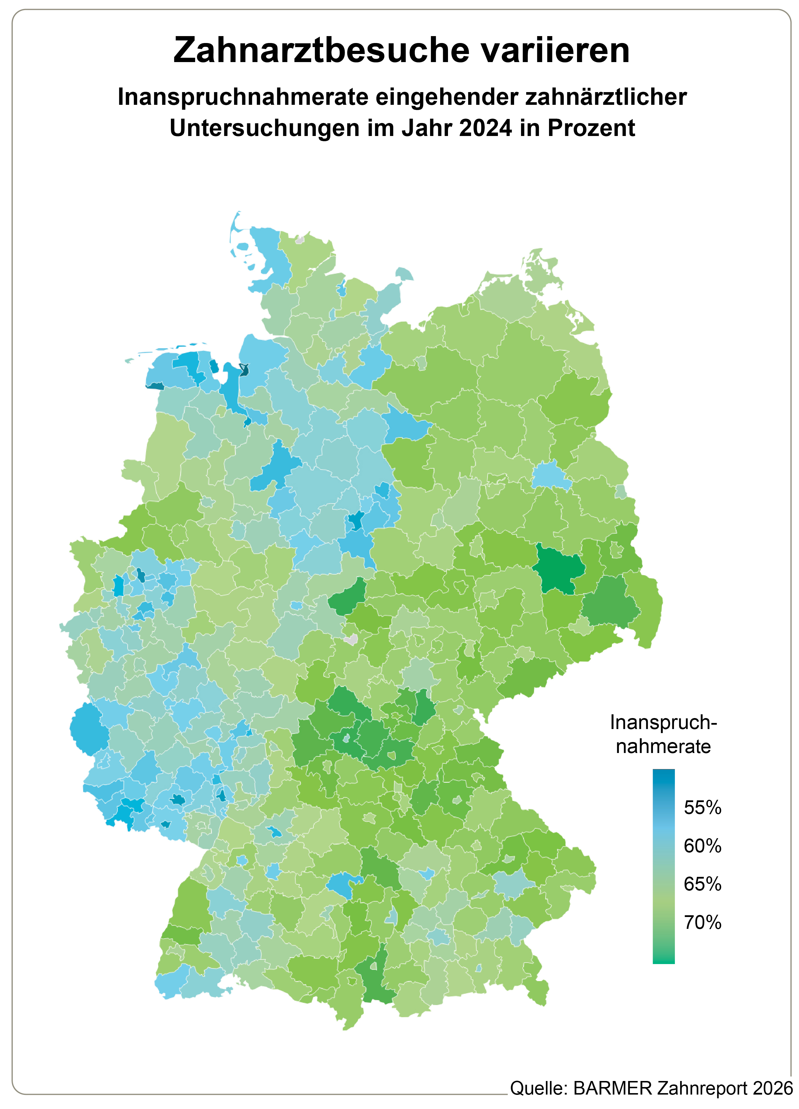 Die Grafik zeigt die Inanspruchnahmerate eingehender zahnärztlicher Untersuchungen im Jahr 2024 in Prozent.