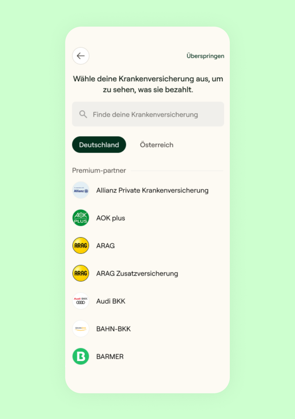 Screenshot aus der Glimmer App: Auswahl der Krankenversicherung