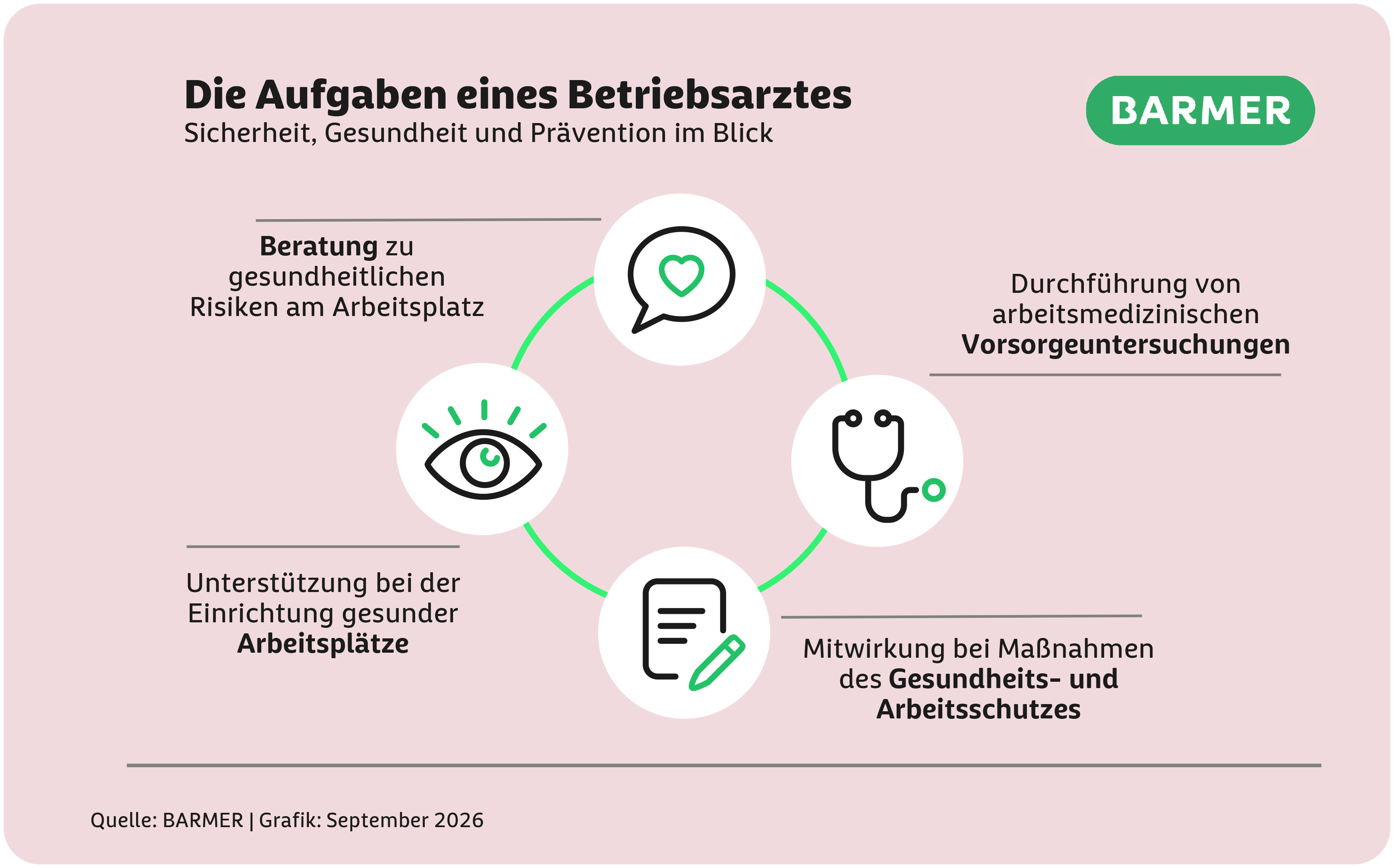 Die Grafik zeigt welche Tätigkeiten Betriebsärztinnen und Betriebsärzte übernehmen.