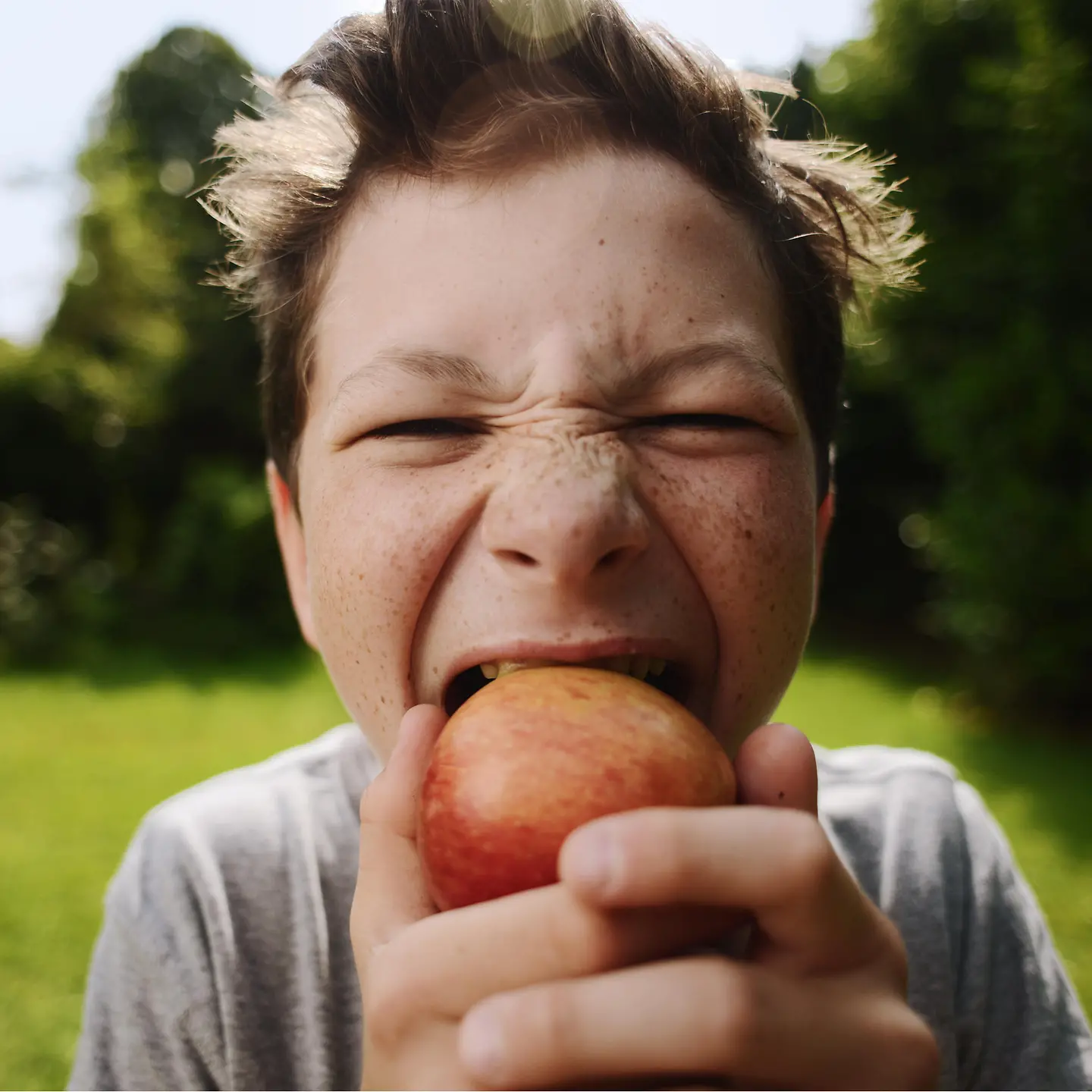 Ein Junge beißt in einen Apfel