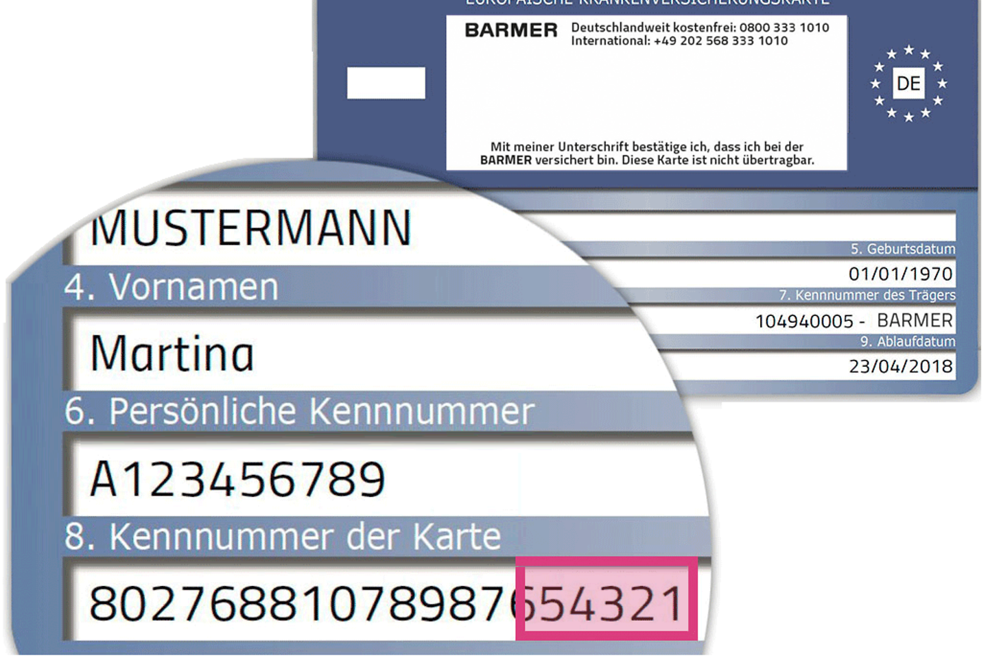 Ein Ausschnitt der BARMER Versichertenkarte mit der persönlichen Kennnummer.