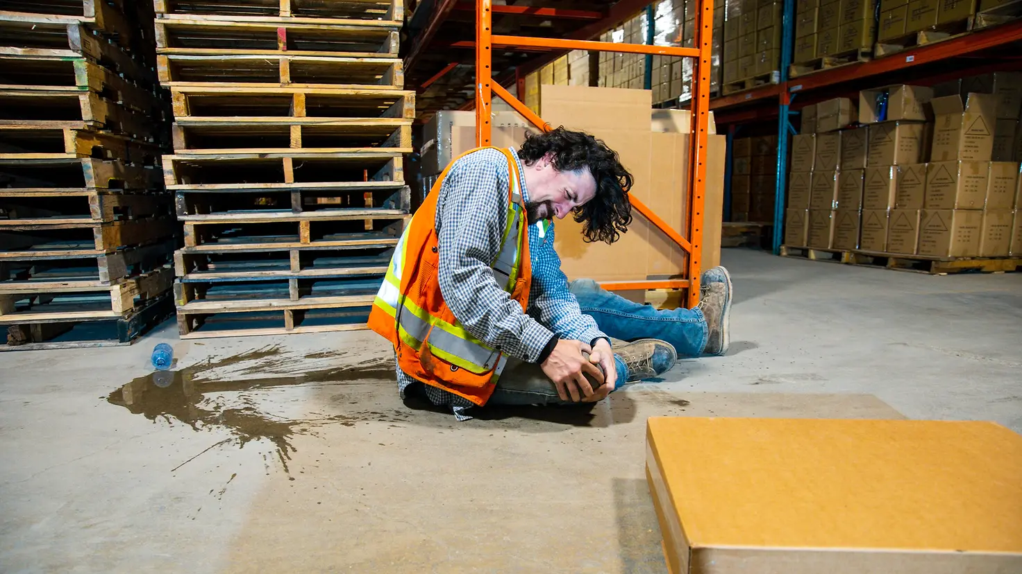 Ein Arbeiter sitzt verletzt auf dem Boden einer Betriebshalle