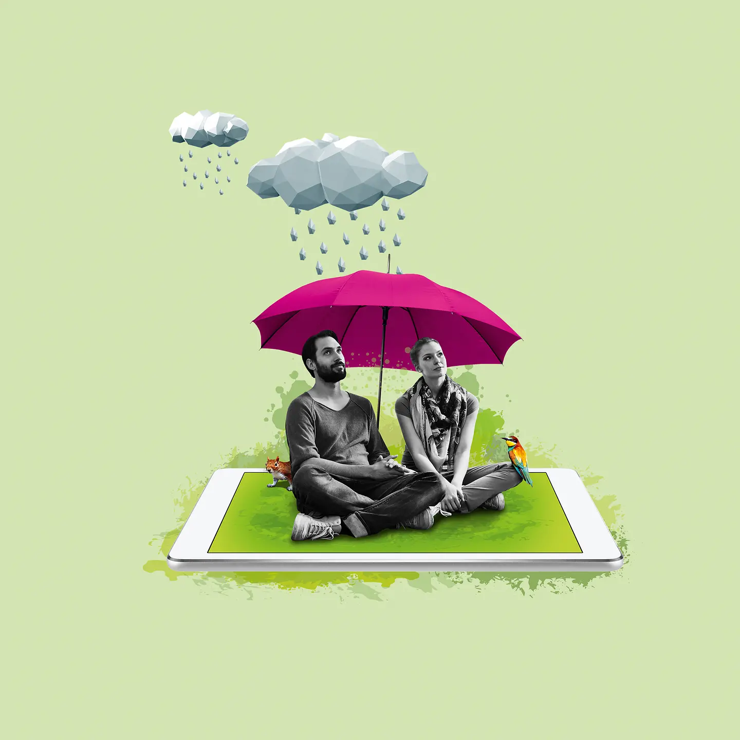 Illustration mit Echtbild: Ein Mann und eine Frau mit buntem Regenschirm sitzen auf einem Tablet