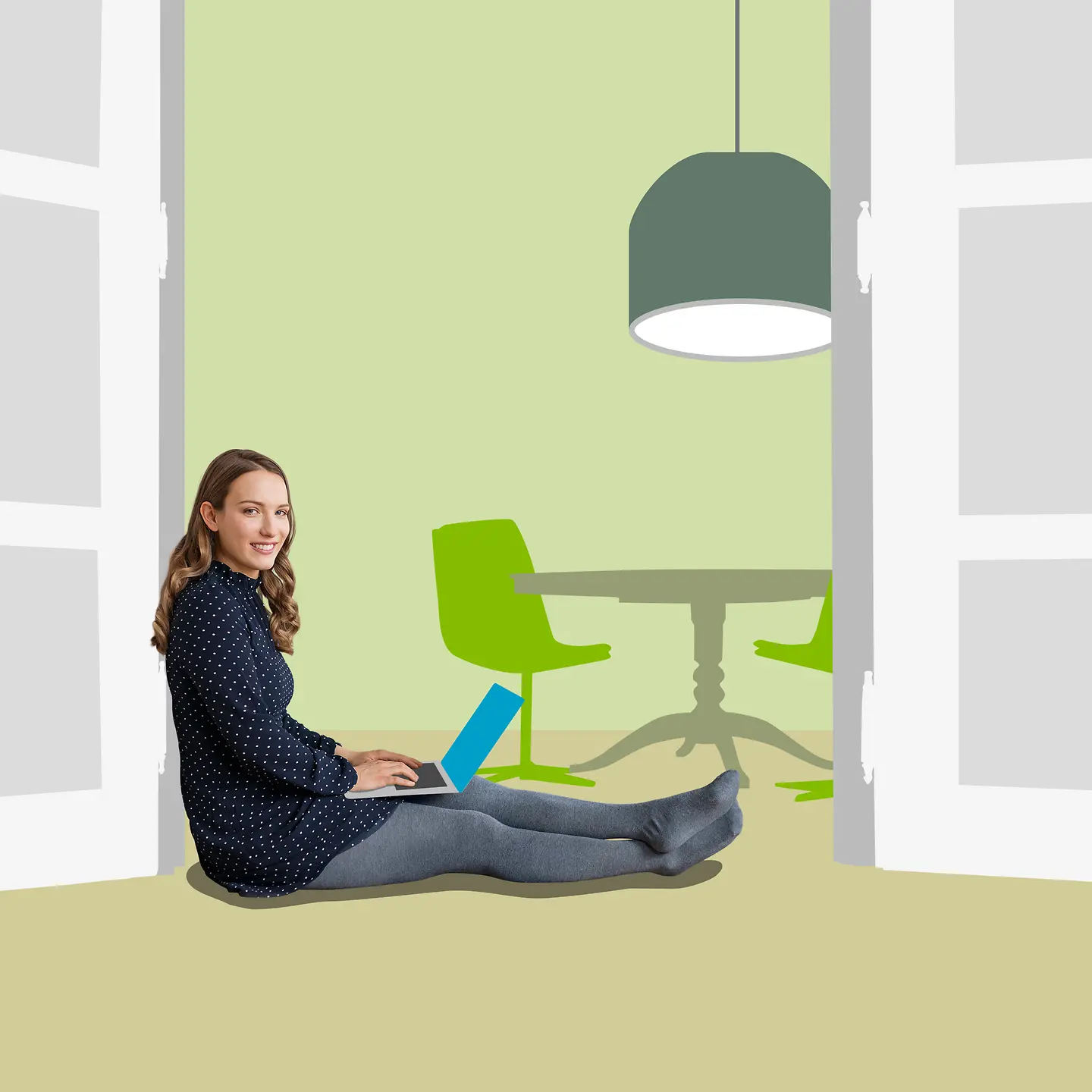 Eine Frau sitzt vor einem illustrierten Hintergrund auf dem Boden und hat ihren Laptop auf dem Schoss.