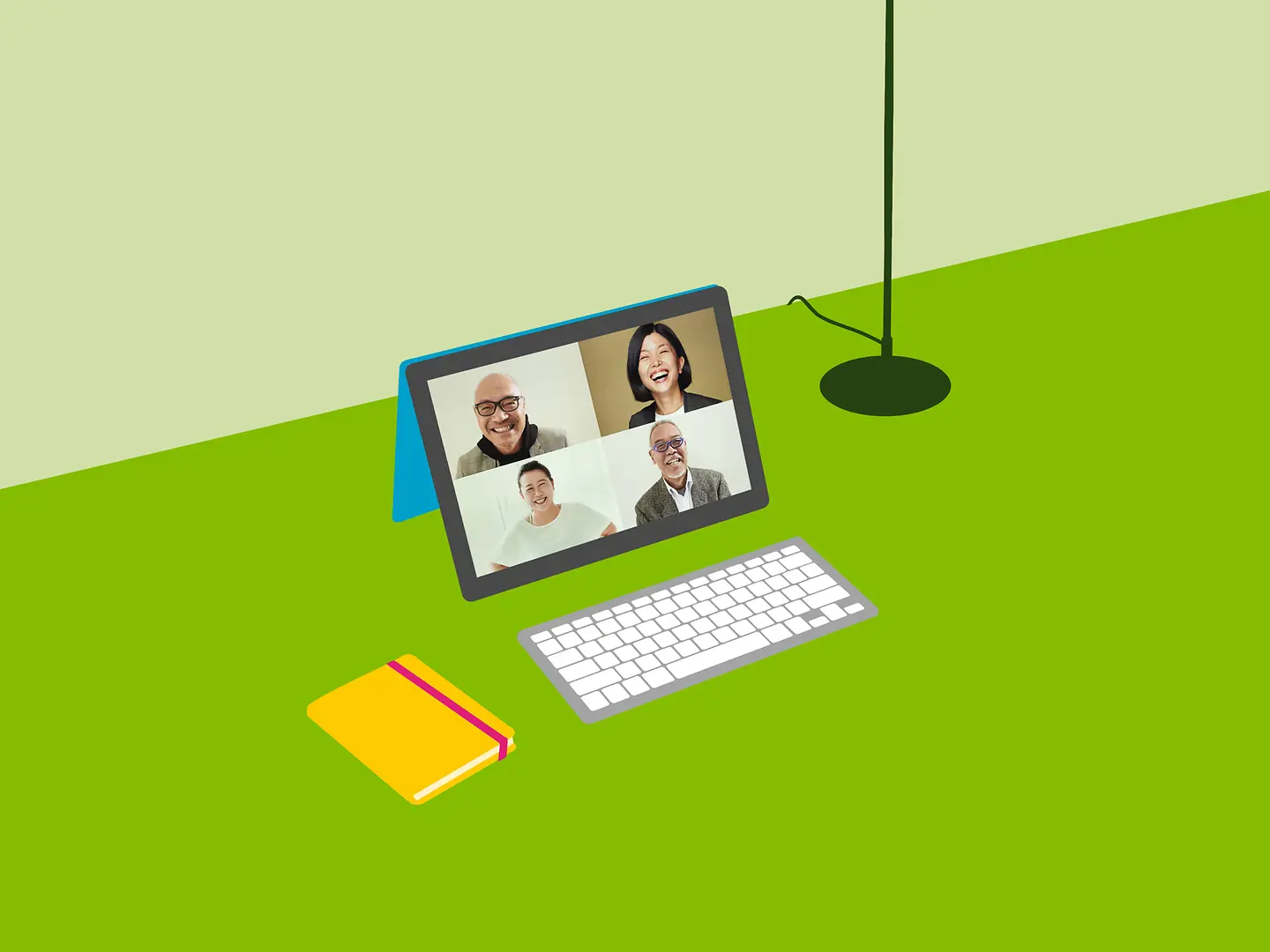Auf einem illustrierten Tisch ist ein Laptop-Bildschirm zu sehen, auf dem vier Menschen eine Video-Konferenz abhalten.