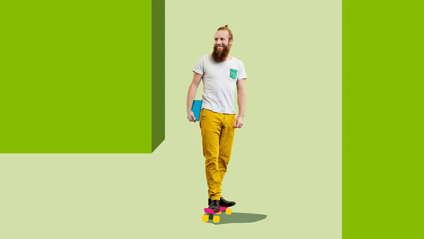 Ein Mann steht vor einem illustrierten grünen Hintergrund auf seinem Skateboard.