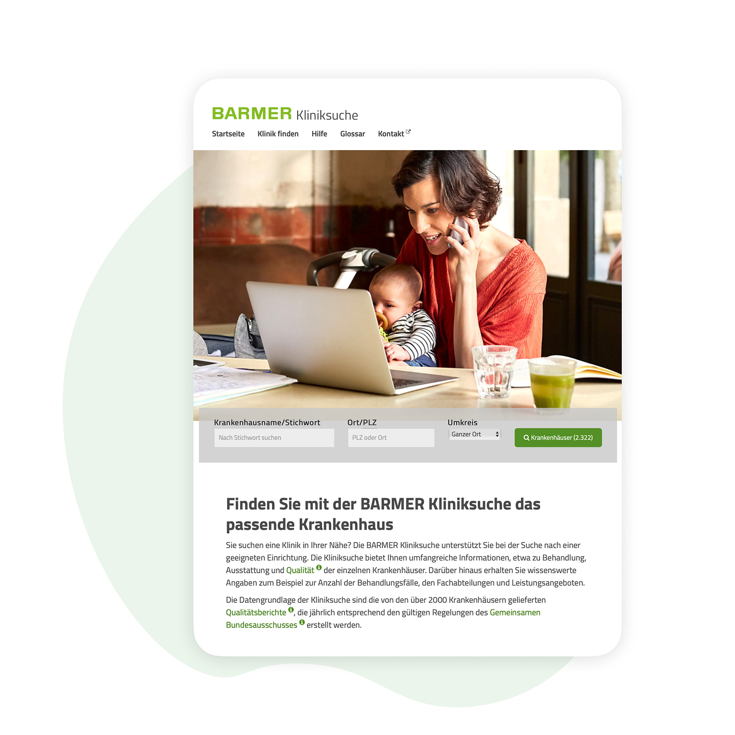 Auf einem Tablet ist die Startseite der Barmer Kliniksuche zu sehen