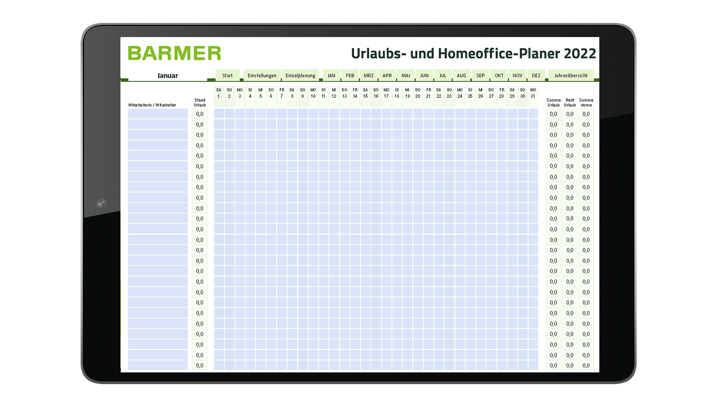 Screenshot des BARMER Urlaubs- und Homeoffice-Planer mit Monatsübersicht, Urlaubszeiten und Resturlauben.