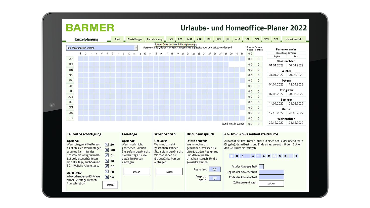 Screenshot des BARMER Urlaubs- und Homeoffice-Planer mit Jahresübersicht, Ferien und Urlaubszeiten.