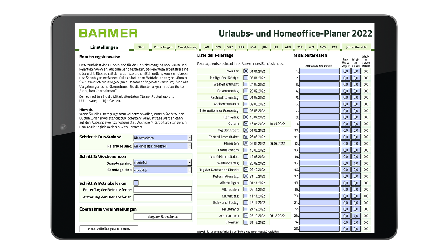 Screenshot des BARMER Urlaubs- und Homeoffice-Planer mit Benutzerhinweisen, Monaten, Feiertagen und Feldern für Mitarbeiterdaten