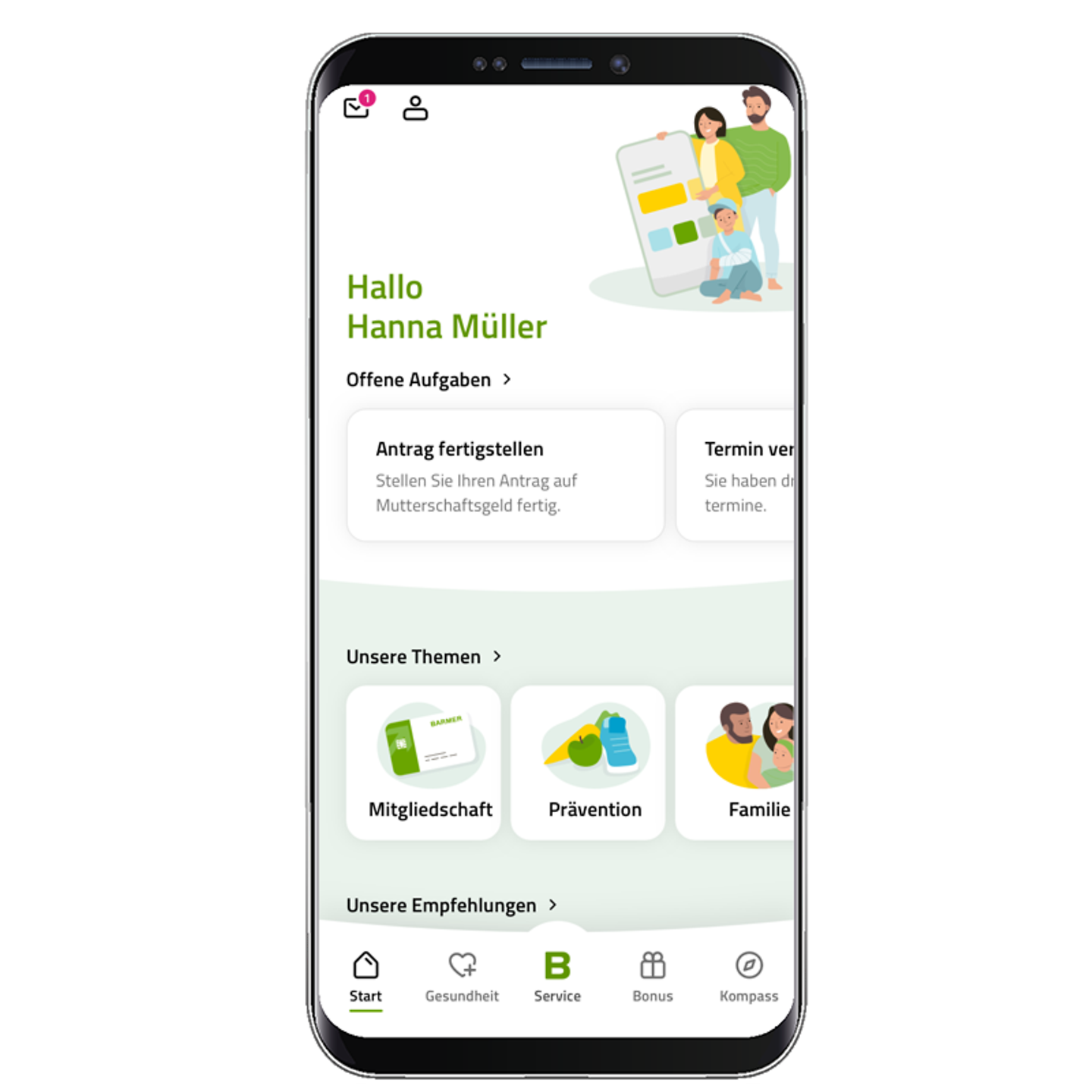 BARMER-App Screenshot der Appstartseite