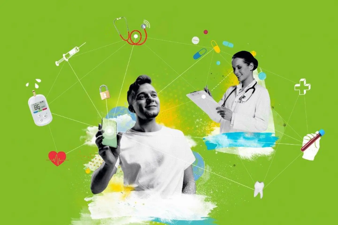 Eine grüne Collage stellt die Funktionen der ePA und zeigt eine Person mit einem Smartphone und eine Ärztin mit Patientenblock.