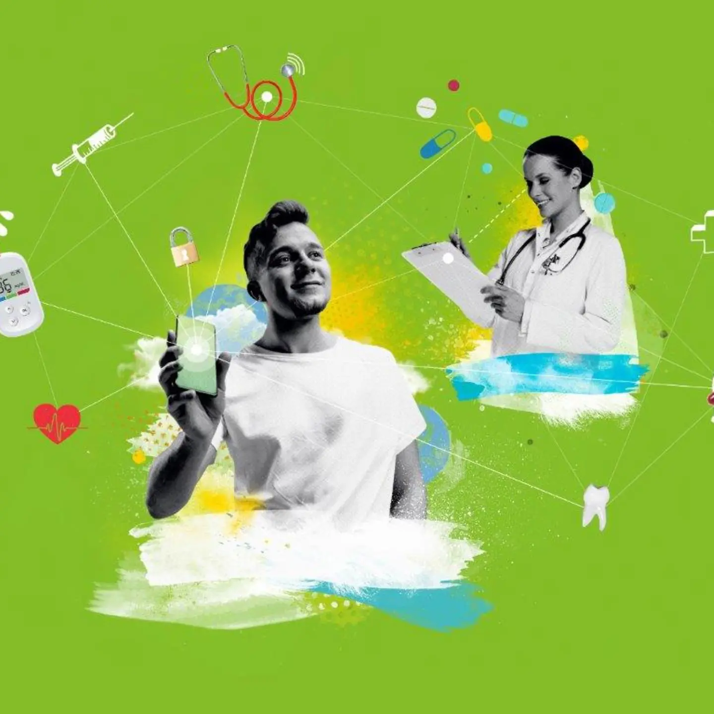 Eine grüne Collage stellt die Funktionen der ePA und zeigt eine Person mit einem Smartphone und eine Ärztin mit Patientenblock.