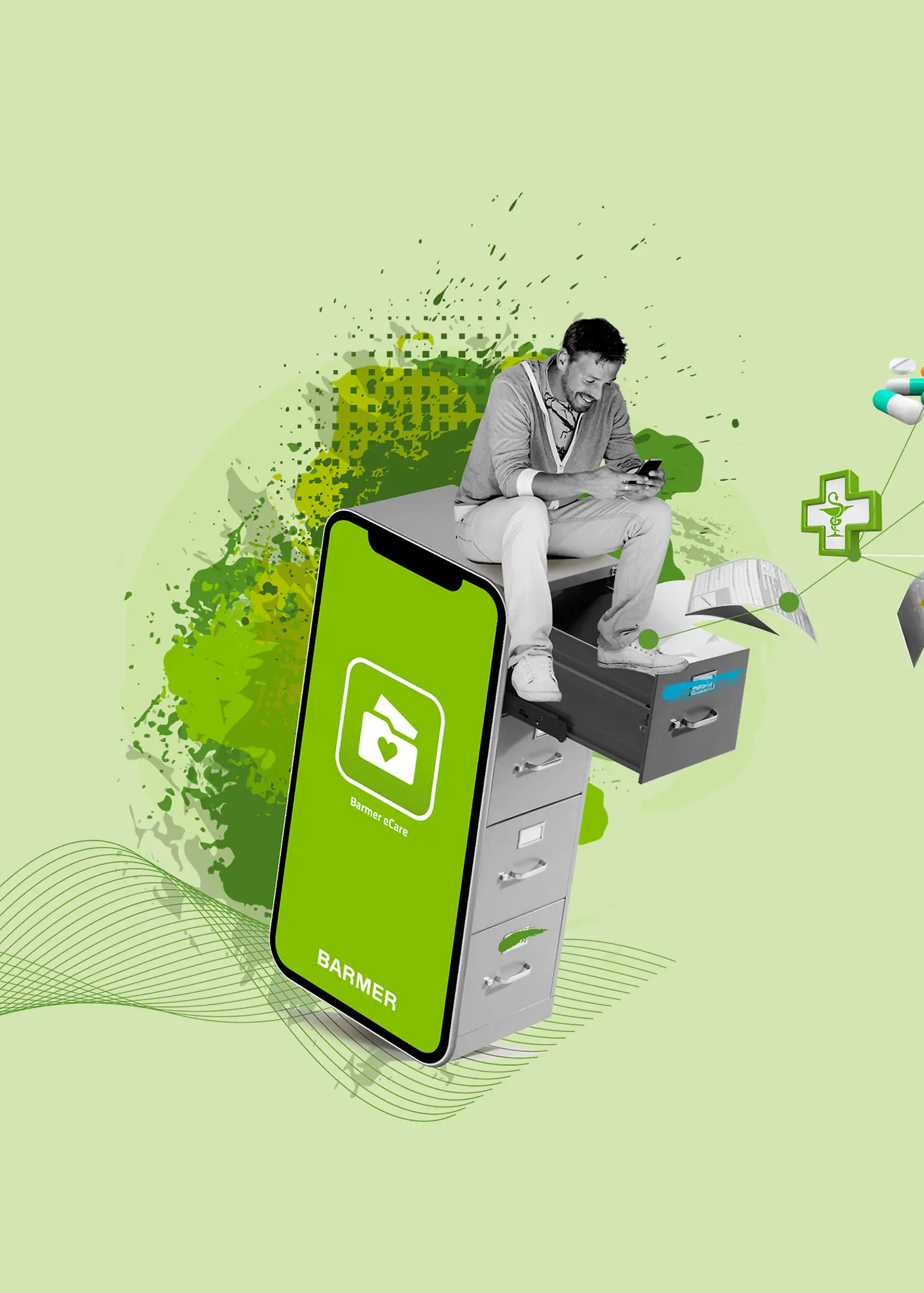 Eine grüne Collage zeigt einen Mann, der auf einem Rollcontainer sitzt und in sein Smartphone schaut.