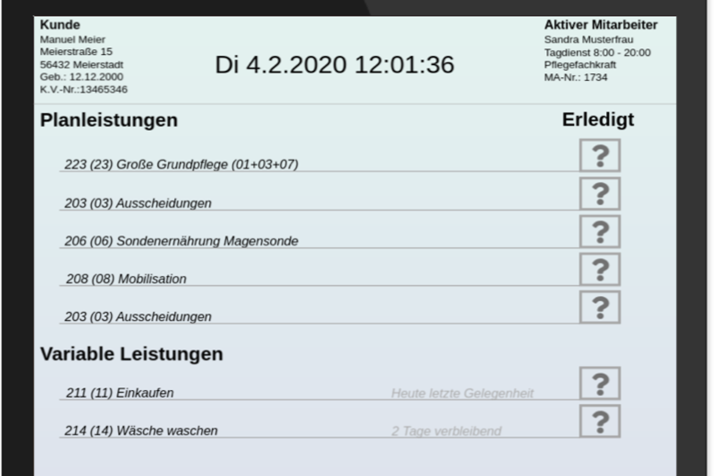 Darstellung des Bildschirms der Pflege-App mit Planleistungen und variablen Leistungen