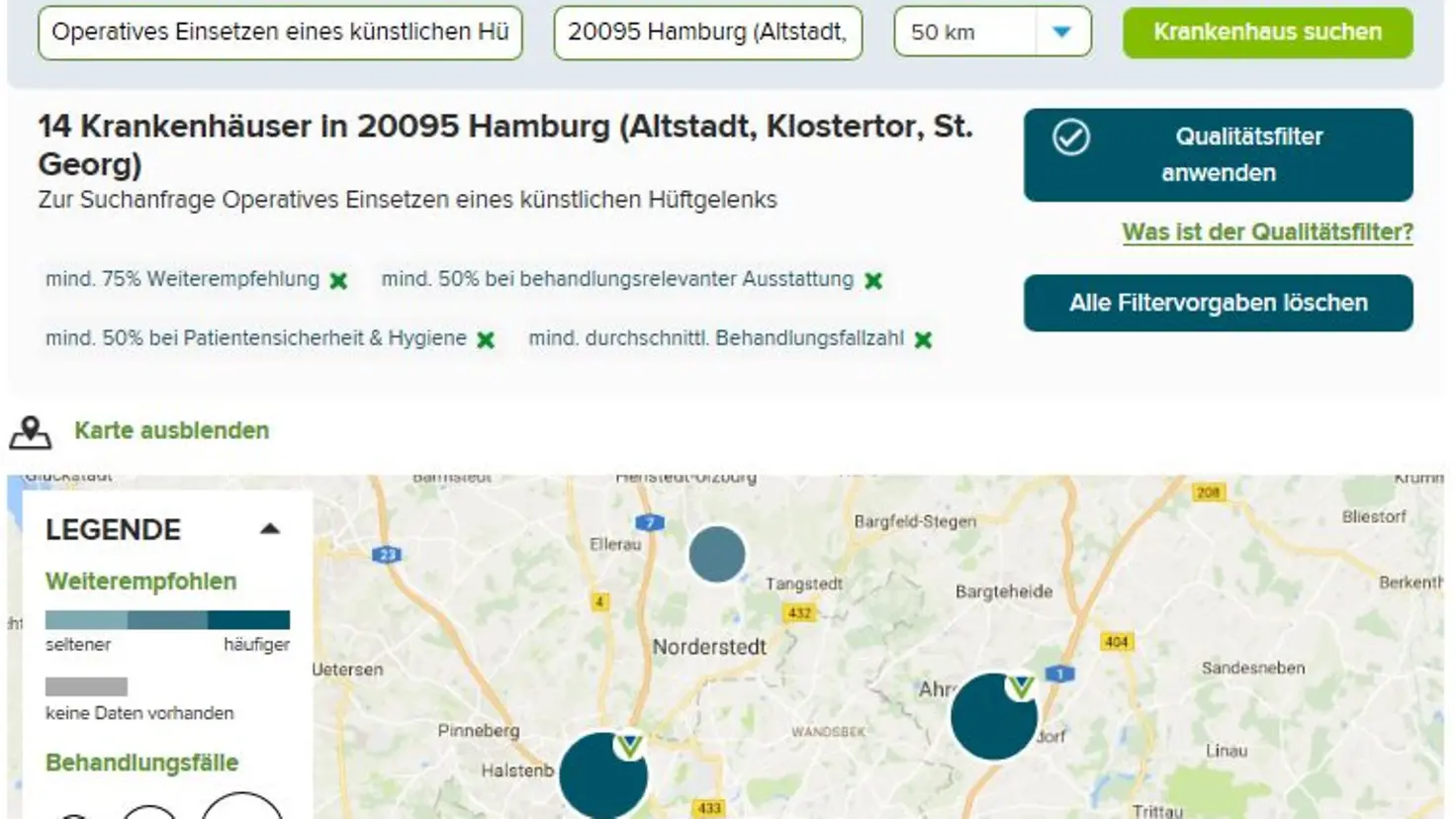 Geovisualisierung von Hamburger Krankenhäusern, die für eine bestimmte Operation geeignet sind 