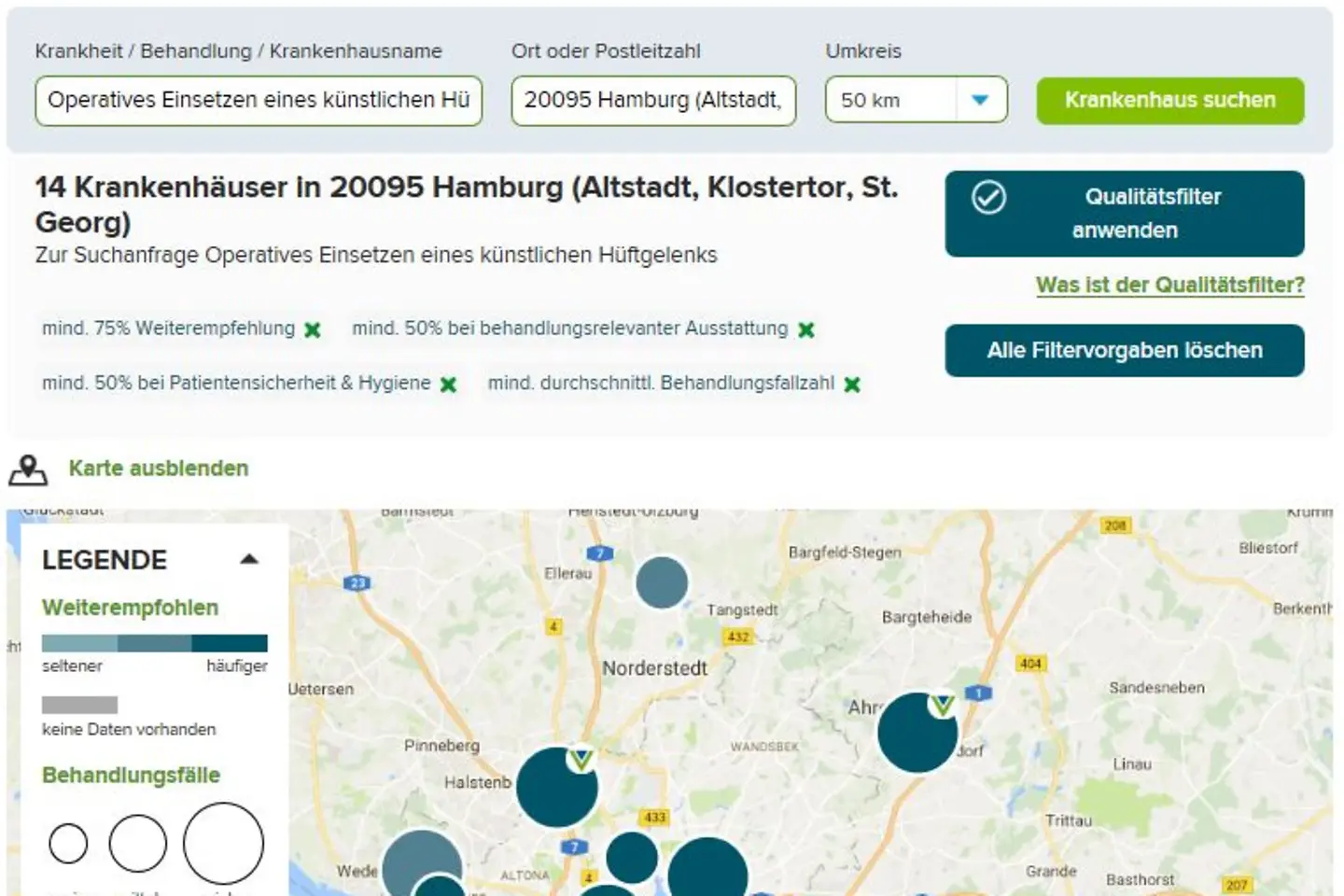 Geovisualisierung von Hamburger Krankenhäusern, die für eine bestimmte Operation geeignet sind 