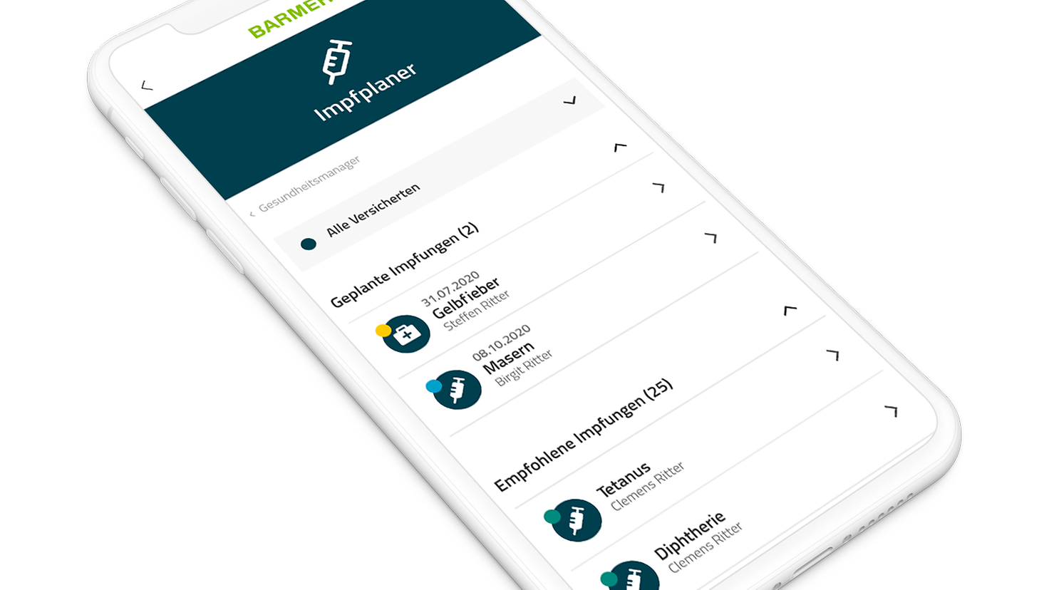 Smartphone-Display mit BARMER-Impfplaner