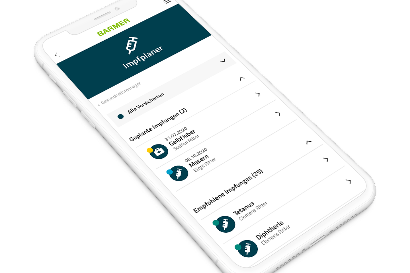 Smartphone-Display mit BARMER-Impfplaner