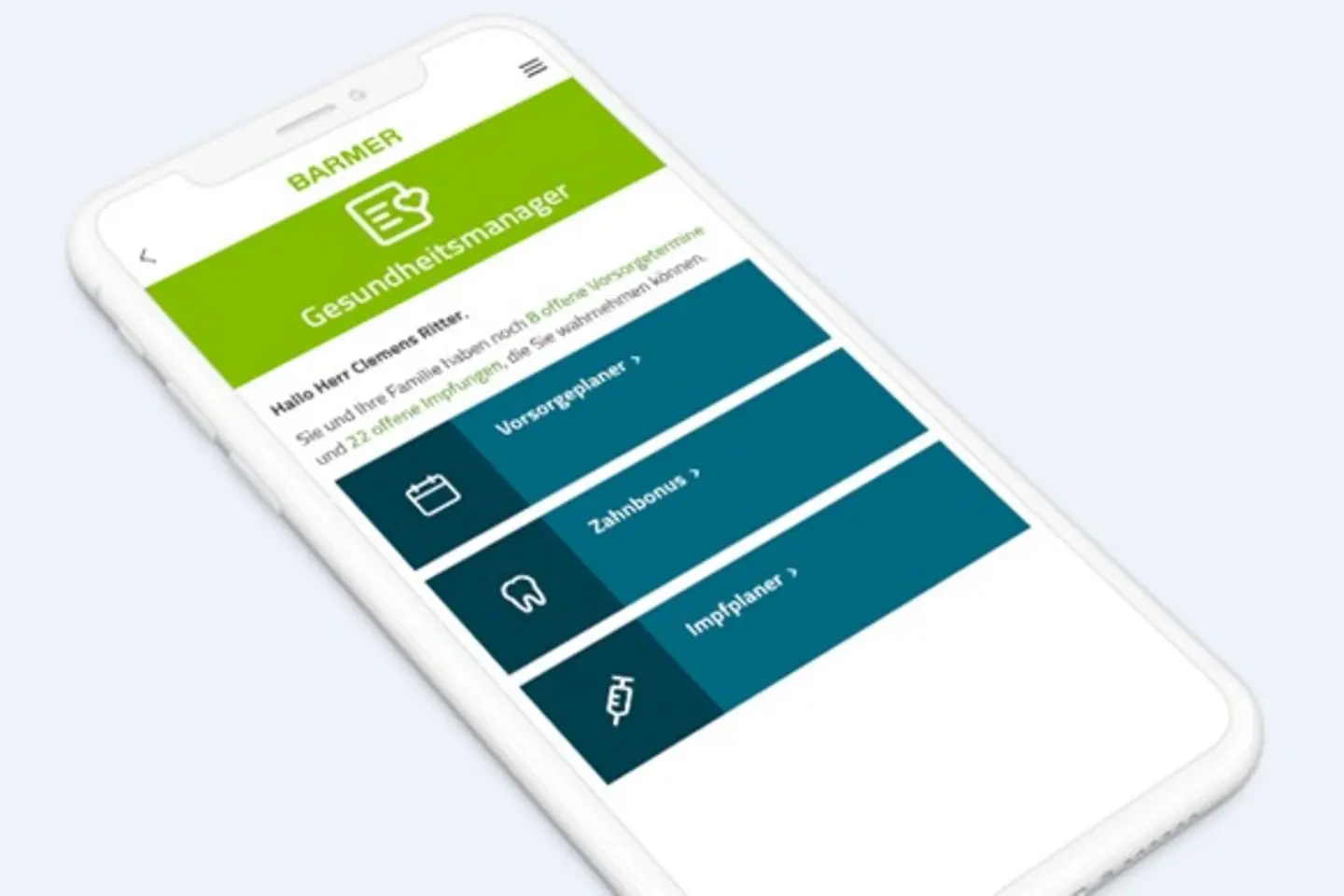 Der Gesundheitsmanager ist in die Barmer-App integriert und erinnert an wichtige Vorsorgeuntersuchungen, auch ans Impfen.